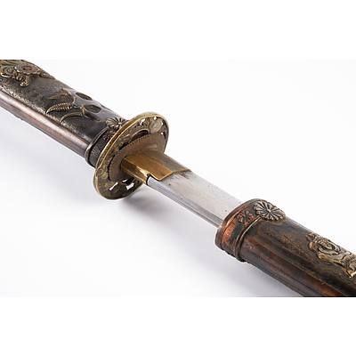 Japanese Samurai Style Wakizashi Curved Blade with Brass Habaki Pierced Brass Tsuba, Embossed and Engraved Grip and Scabbard Adorned with Scenes of Japanese Warriors.