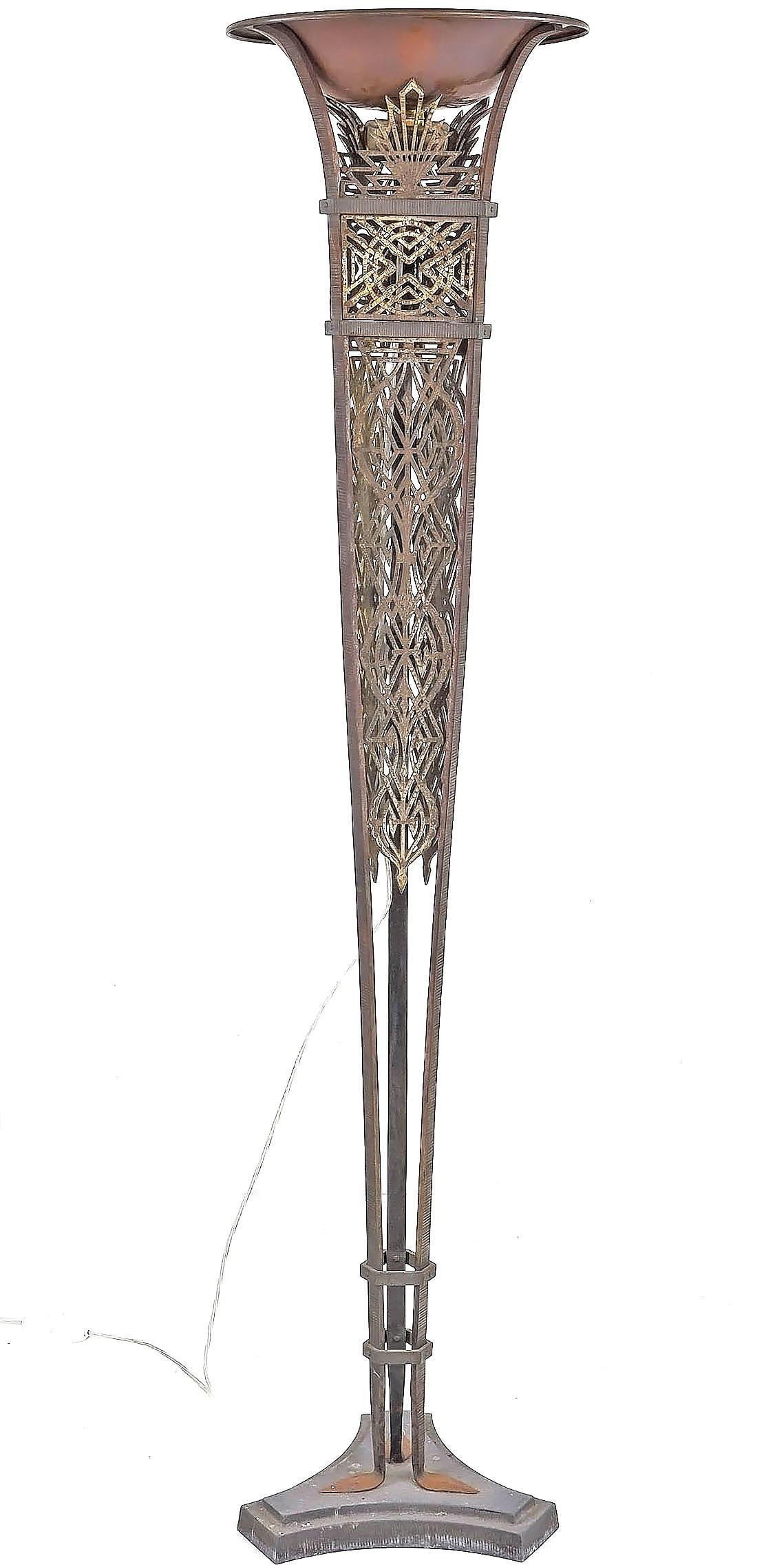 'Superb Period Art Deco Hammered Wrought Iron Torchiere Floor Lamp Inset with Cast Filigree Panels, Circa 1920s'
