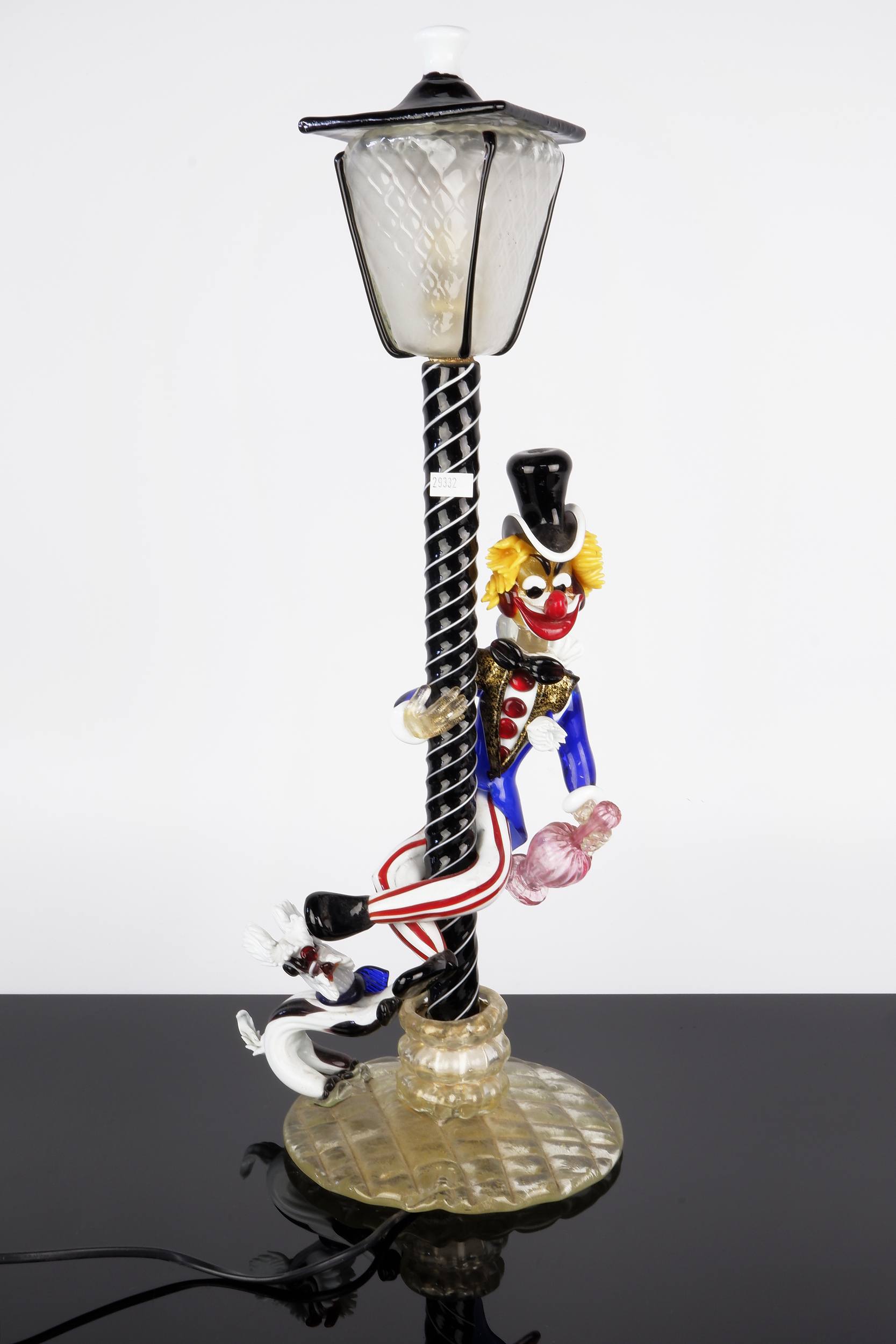 'Superb Italian Murano Glass Lamp of a Clown Swirling on a Light Pole with a Dog at His Feet'