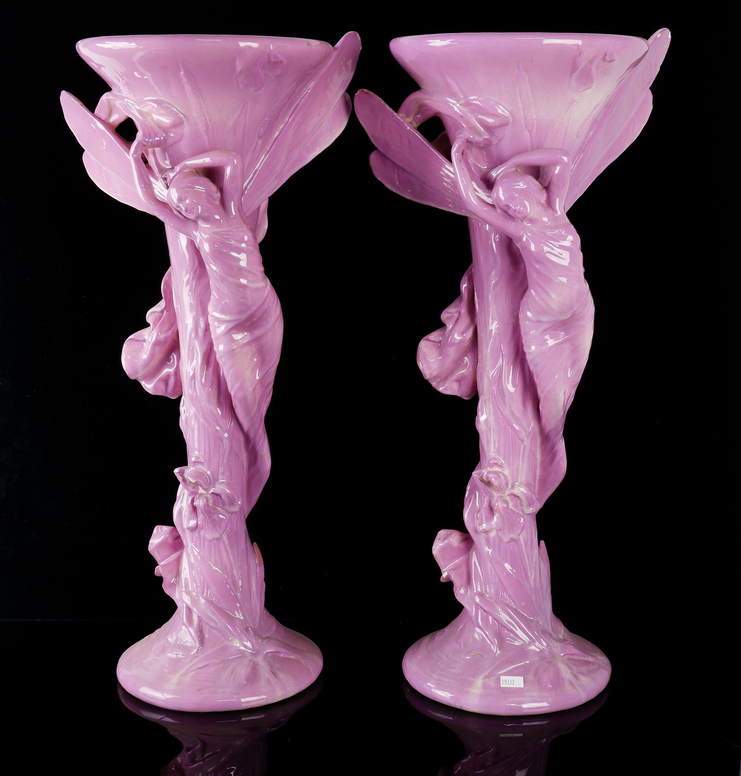 'Impressive Pair of French Art Nouveau Majolica Glazed Figural Dragonfly Nymph Vases Circa 1900, Probably by Massier'