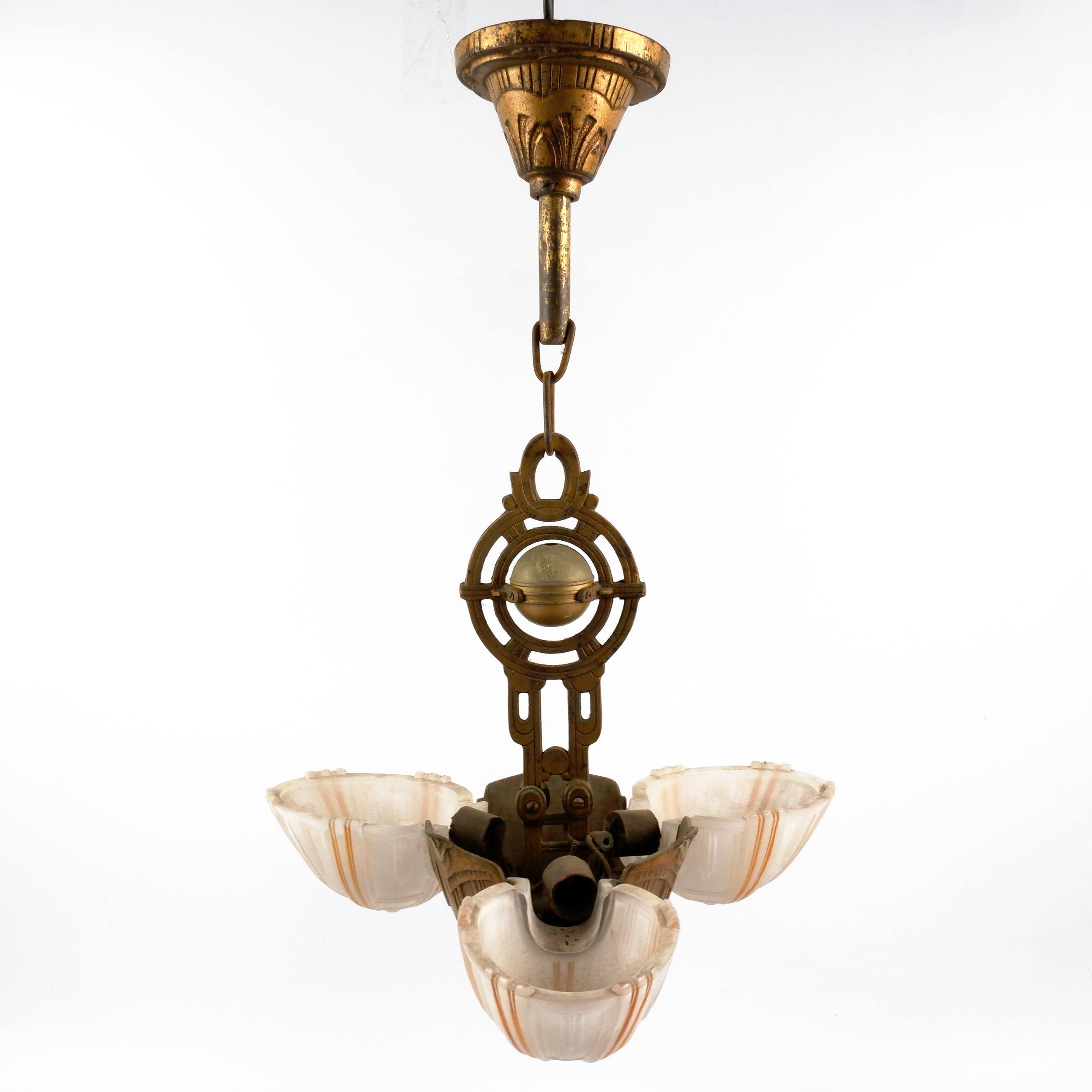 'Art Deco Patinated Metal Pendant Light Fitting with Three Slipper Opaque Glass Shades, Circa 1930s'
