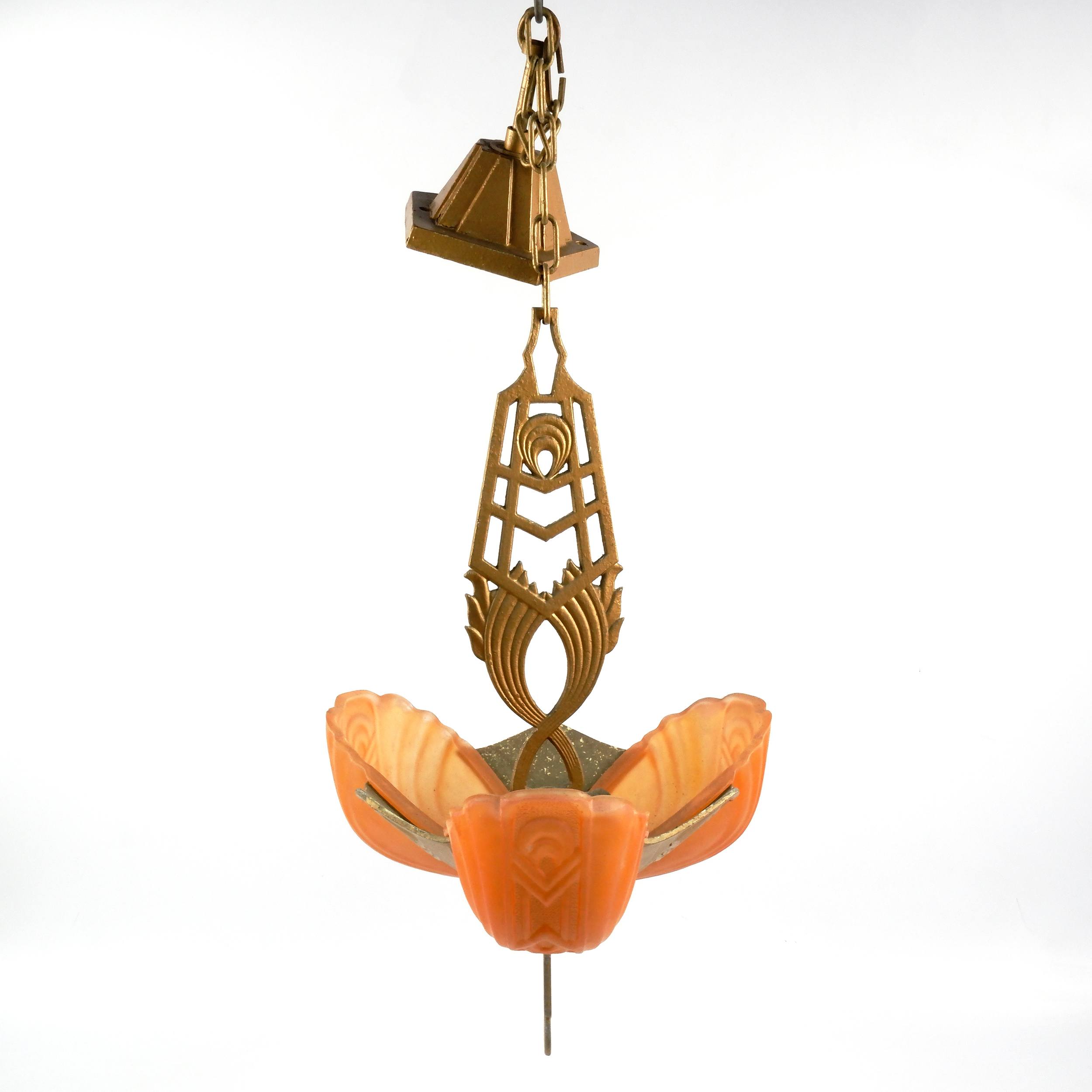 'Art Deco Patinated Metal Pendant Light Fitting with Three Slipper Opaque Moulded Amber Glass Shades, Circa 1930s'