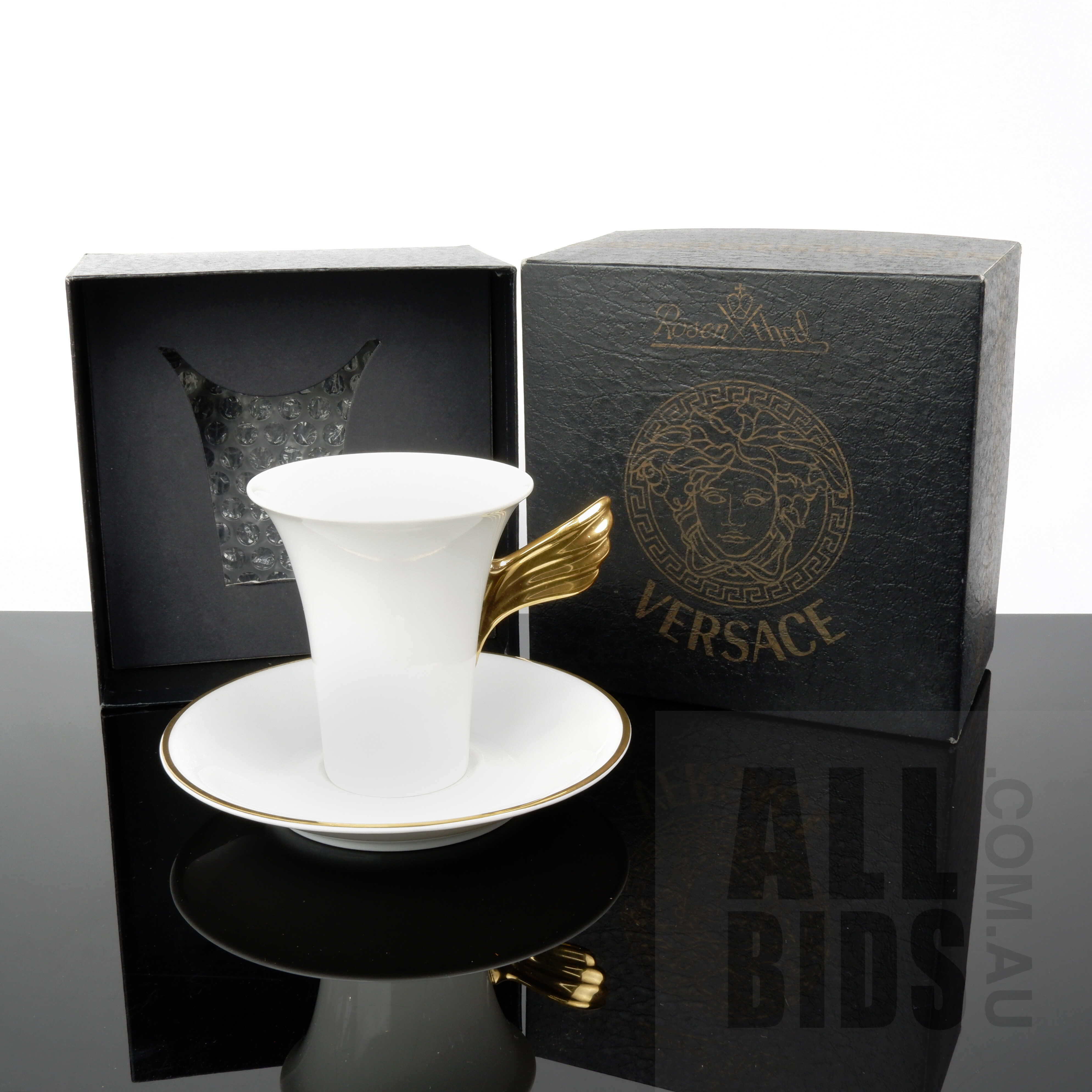 '3rd of 8 Available - One As New Boxed Versace Special Edition Nescafe Gold Gilt Porcelain Coffee Cup and Saucer Manufactured by Rosenthal Studio-Line'