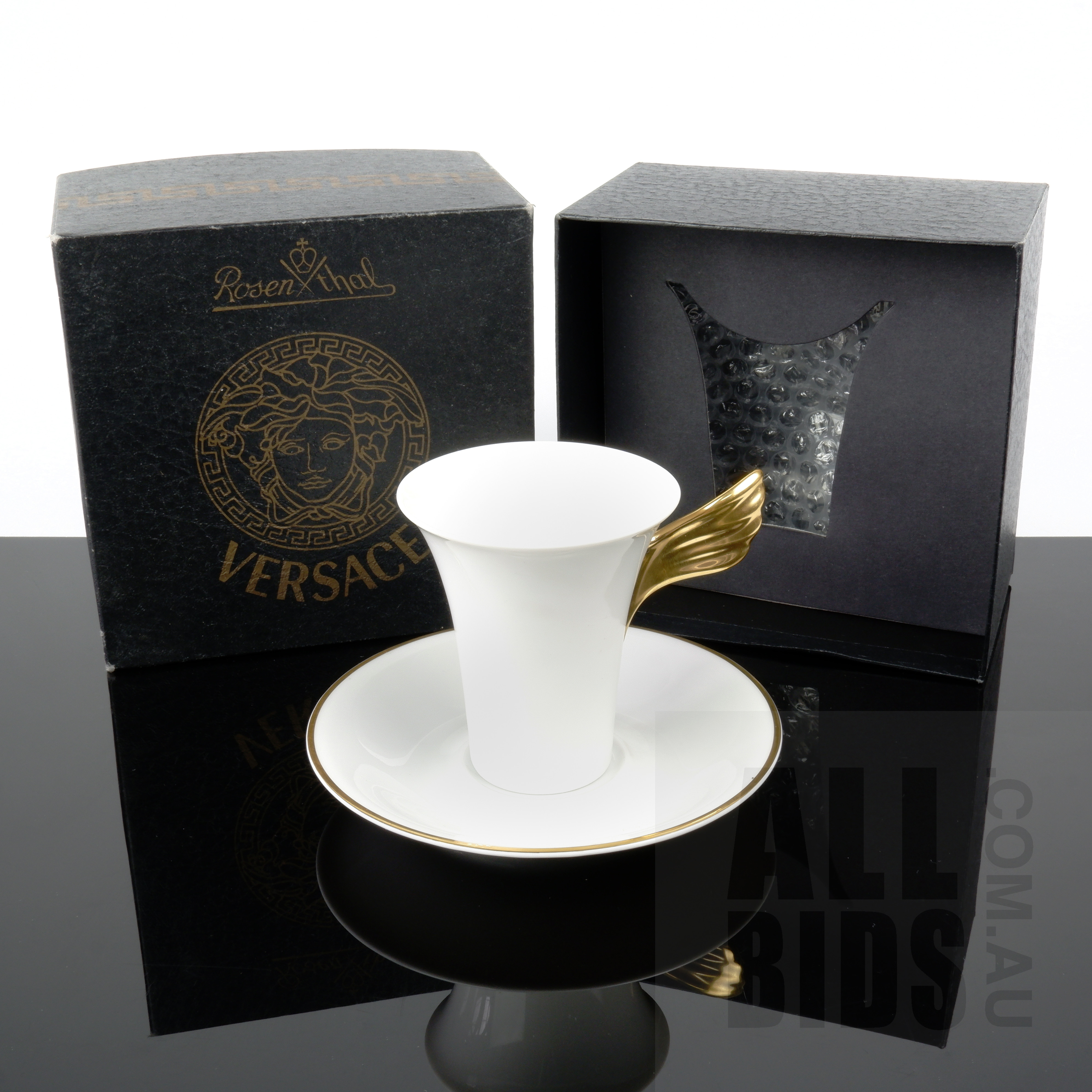 '6th of 8 Available - One As New Boxed Versace Special Edition Nescafe Gold Gilt Porcelain Coffee Cup and Saucer Manufactured by Rosenthal Studio-Line'