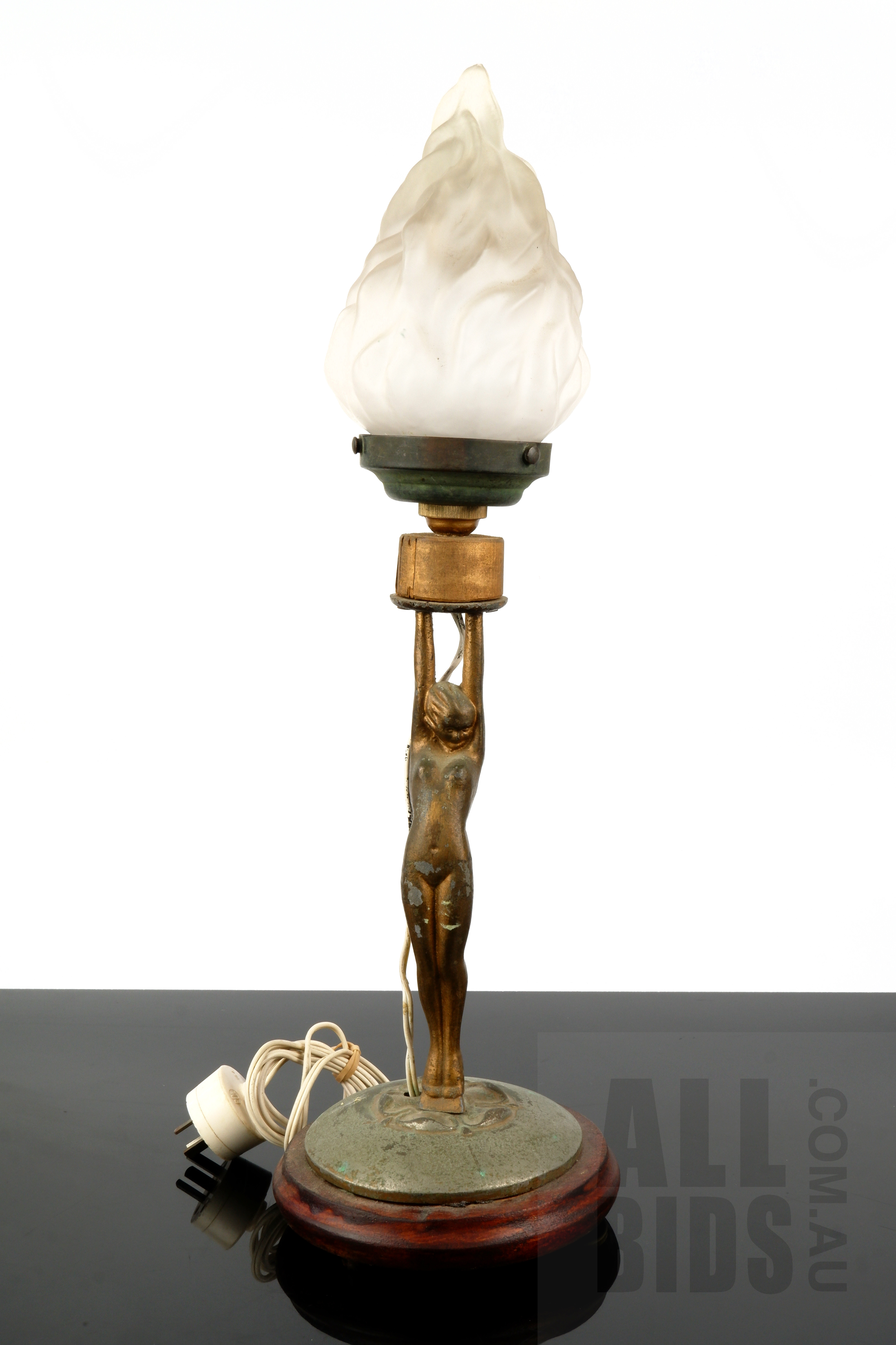 'Period Art Deco Painted Cast Alloy Diana Lamp Base with Flame Shade'