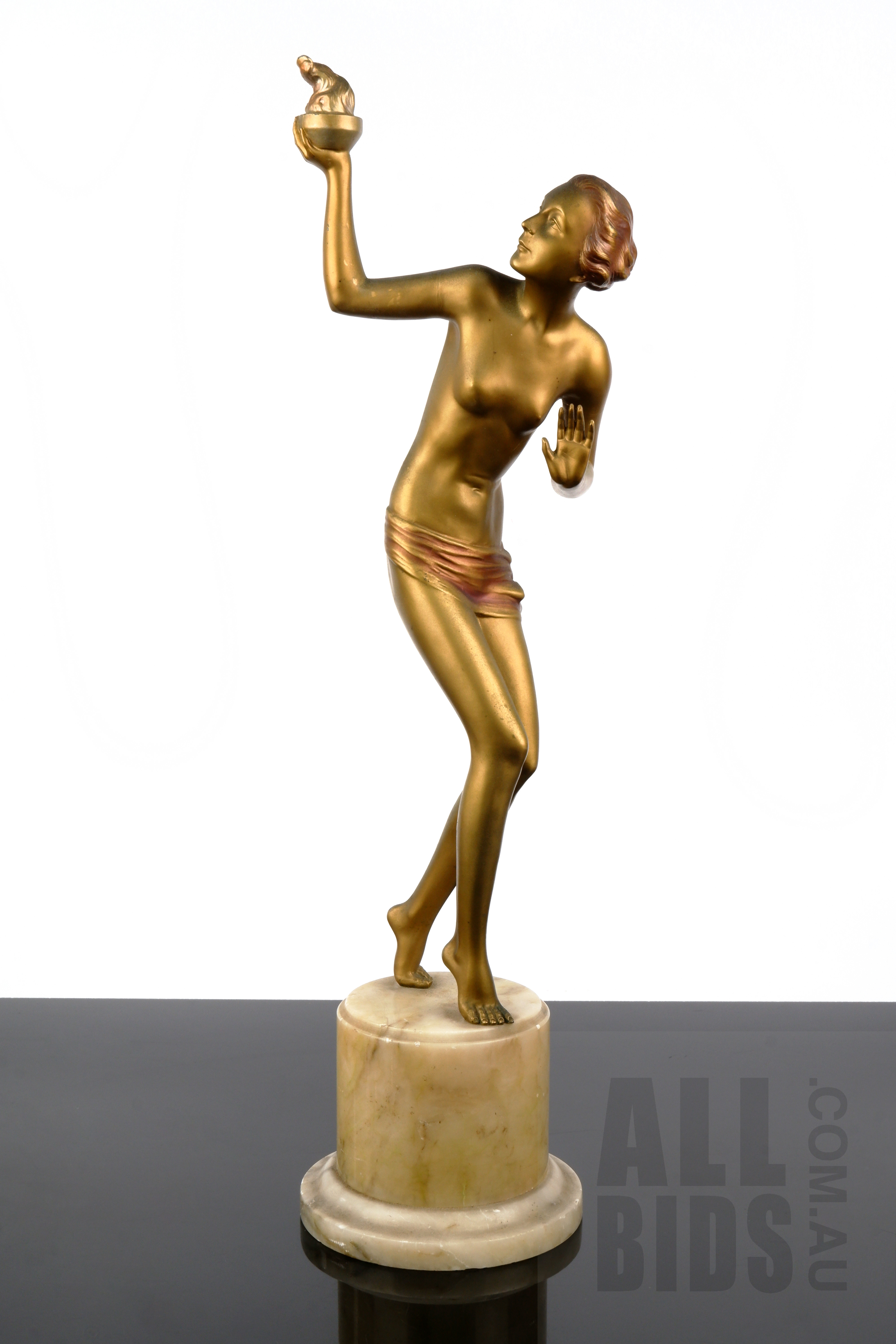 'Large Period Art Deco Cold Painted Spelter Figure of a Flame Dancer on an Alabaster Socle, Circa 1920s, Probably French or Austrian'
