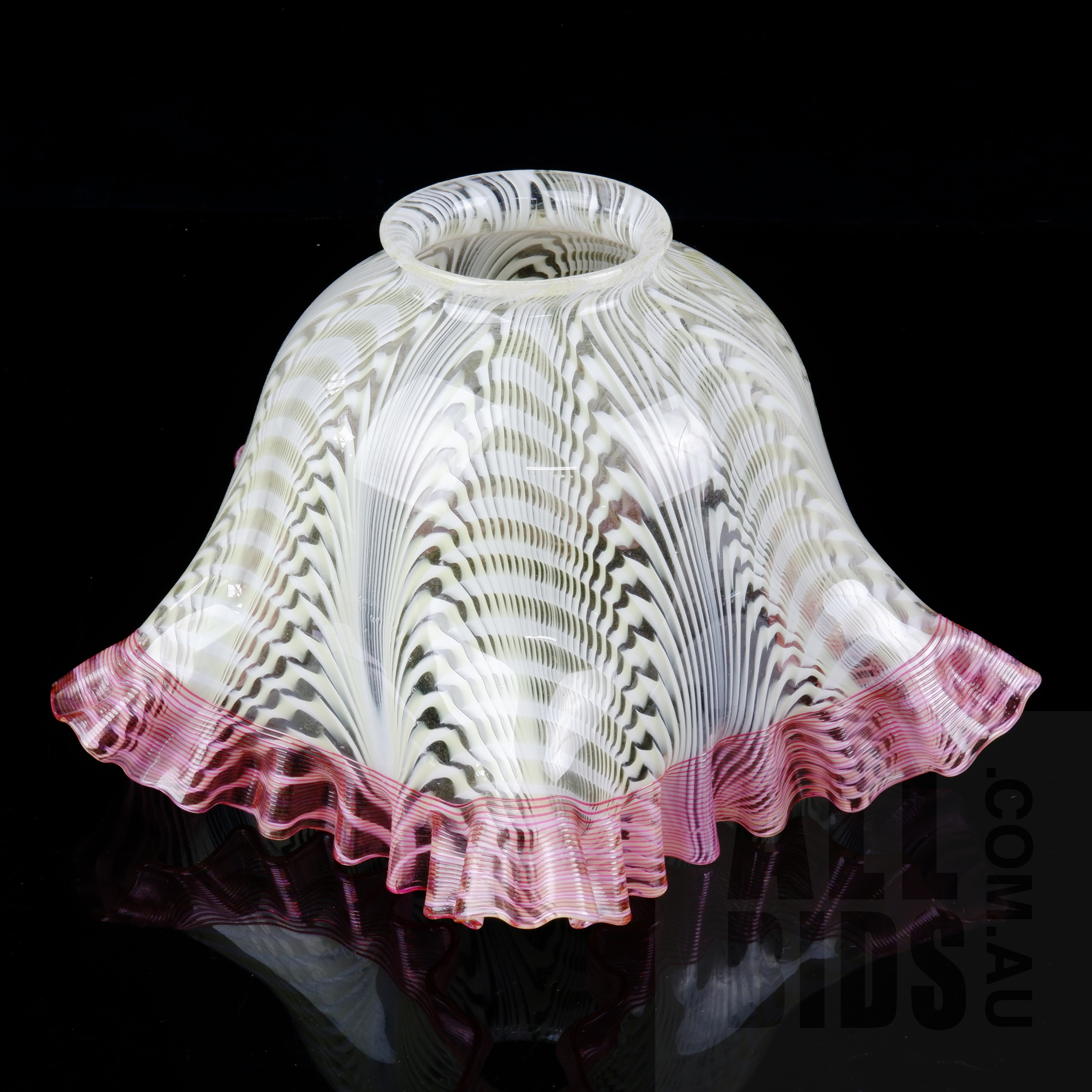 'Victorian Cased Glass Lampshade with Internal Combed Decoration and Spiral Ruby Threaded Rim'