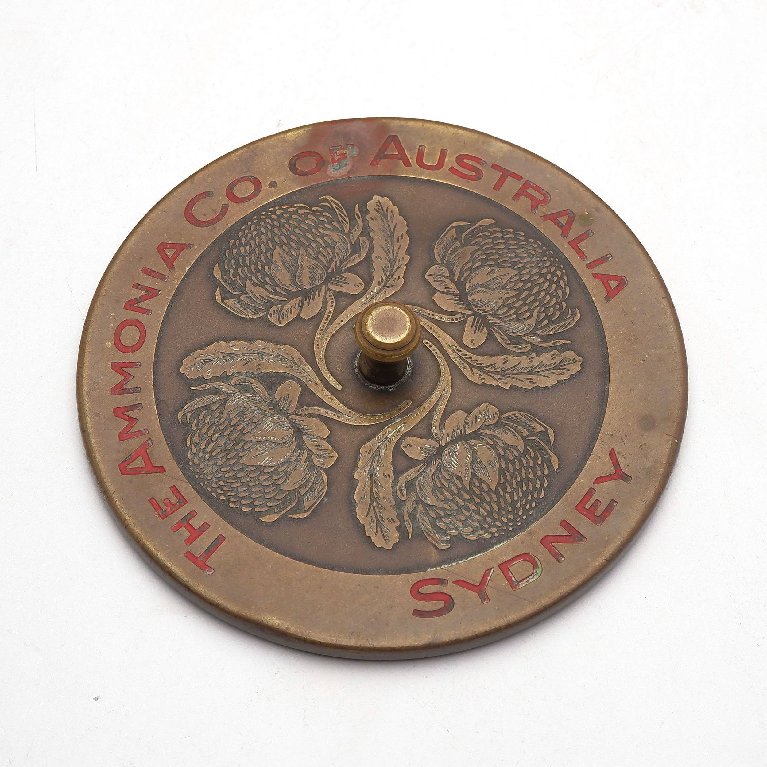 'Brass Advertising Paperweight Cast with Waratahs, The Ammonia Co Australia, Sydney'