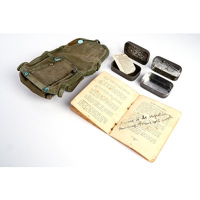 WW II Patterns of Knitted Comforts for Soldiers Booklet, Military Canvas Belt Pouch and Two Small Metal Tins