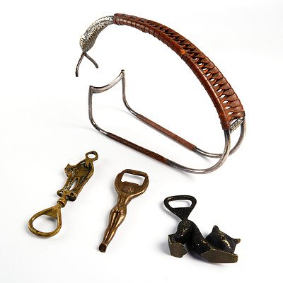 Vintage Seaport Leather Bound Snake Form Wine Bottle Stand and Three Early Brass Bottle Openers (4)