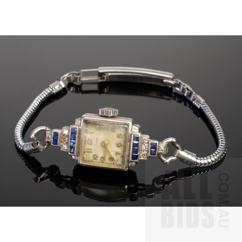 Art Deco 18ct White Gold and Platinum Cyma Ladies Watch with Sapphire and Diamond Case