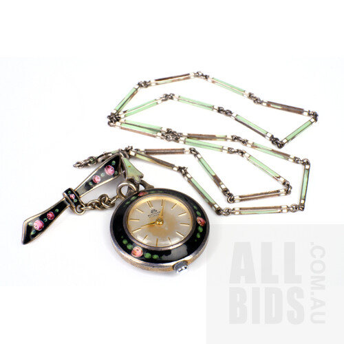 Good Antique European Bucherer Sterling and Enamel Pendant Brooch Fob Watch with Chain