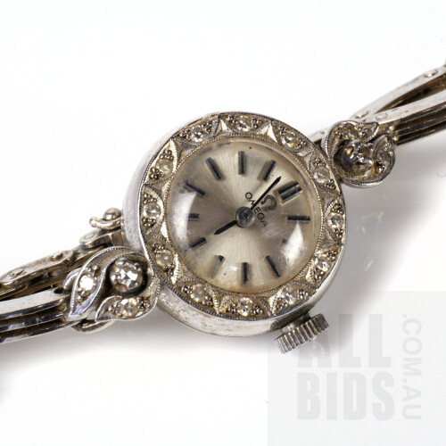 Antique 18ct White Gold Omega Ladies Wrist Watch with Diamond Set Case and 9ct White Gold Band, 16.4g Total