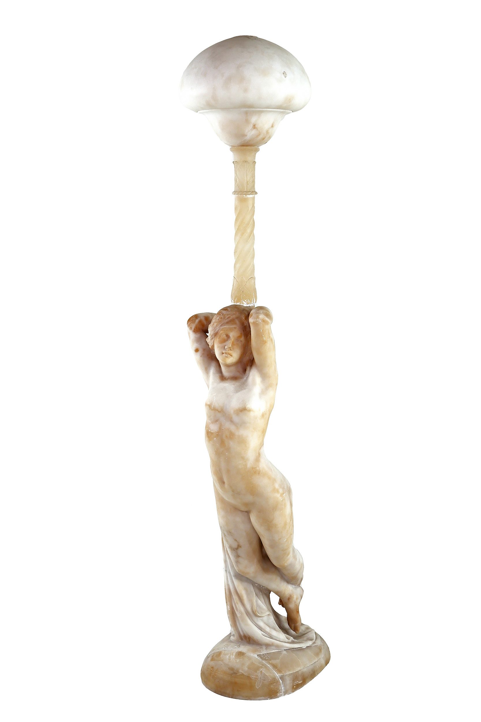 'Very Large Italian Alabaster Electric Lamp Carved as a Classical Maiden, Early 20th Century, Plus Associated Pedestal'