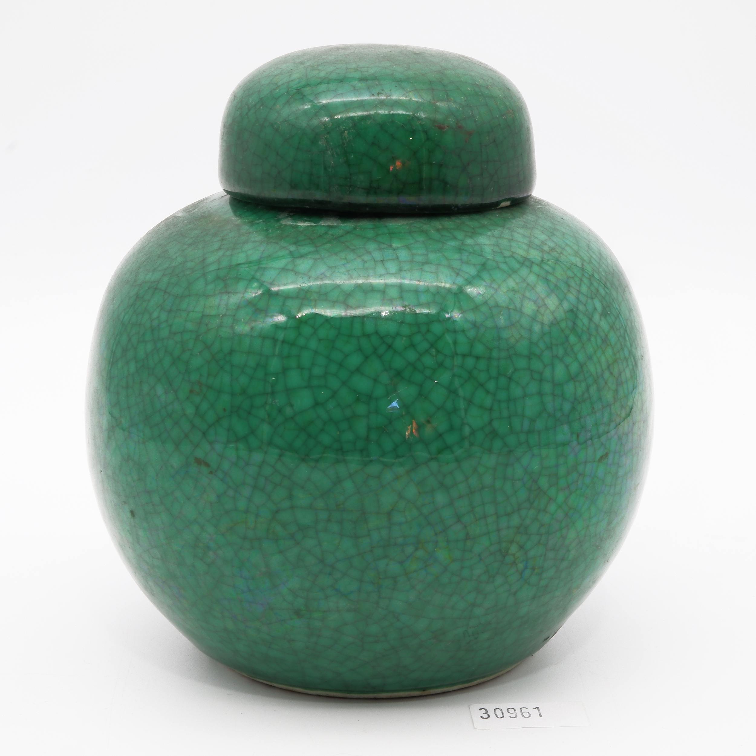'Antique Chinese Crackle Green Glazed Porcelain Jar and Cover'