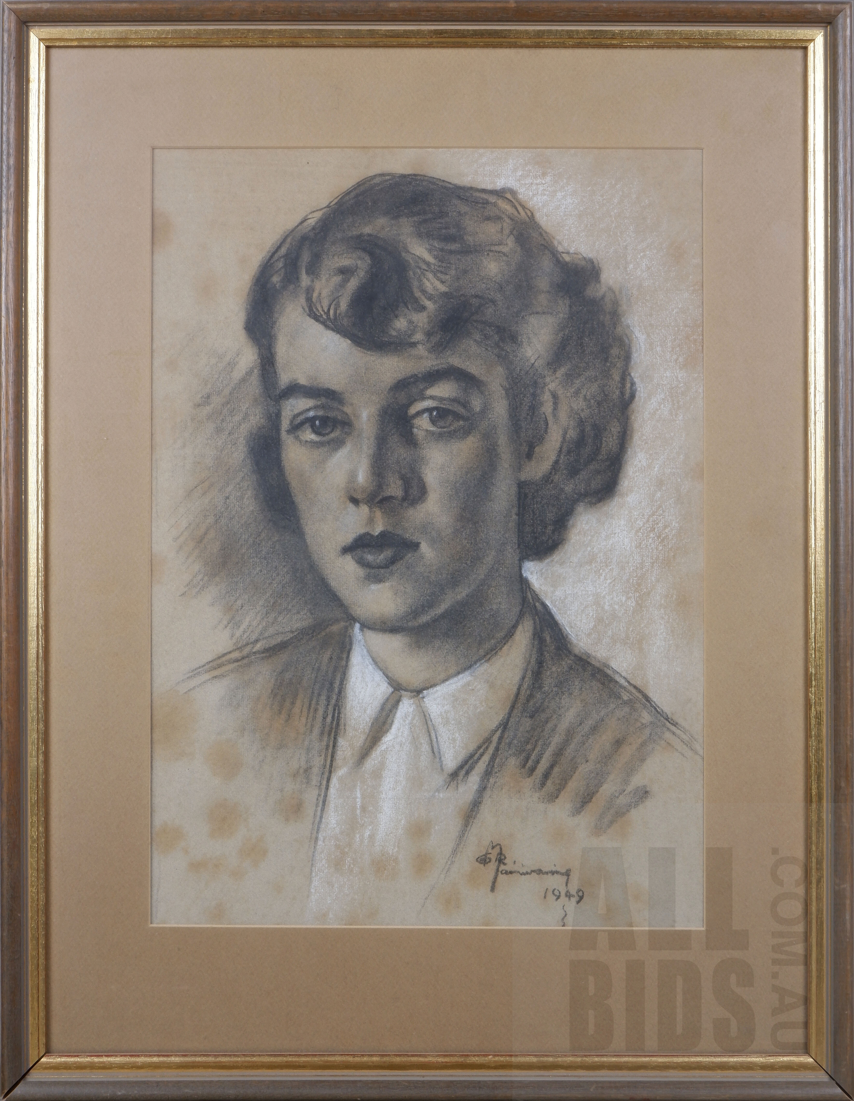 'Geoffrey Mainwaring (1912-2000), Untitled (Female Portrait), Charcoal Heightened with White, 44 x 31 cm'