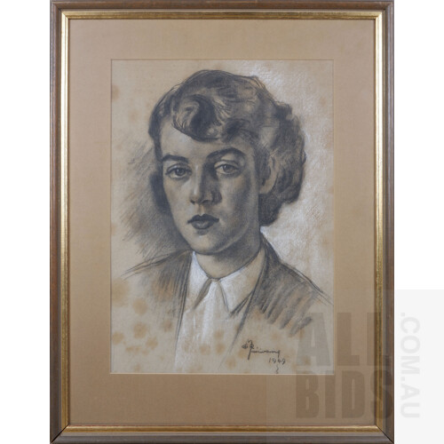 Geoffrey Mainwaring (1912-2000), Untitled (Female Portrait), Charcoal Heightened with White, 44 x 31 cm