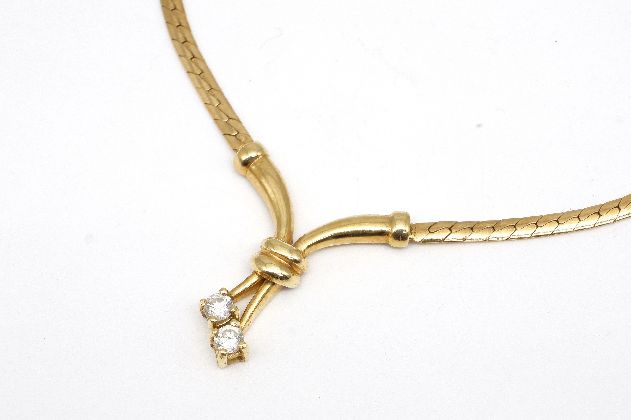 '18ct Yellow Gold Necklet Snake Chain with Centre Drop with Two Round Brilliant Cut Diamonds'
