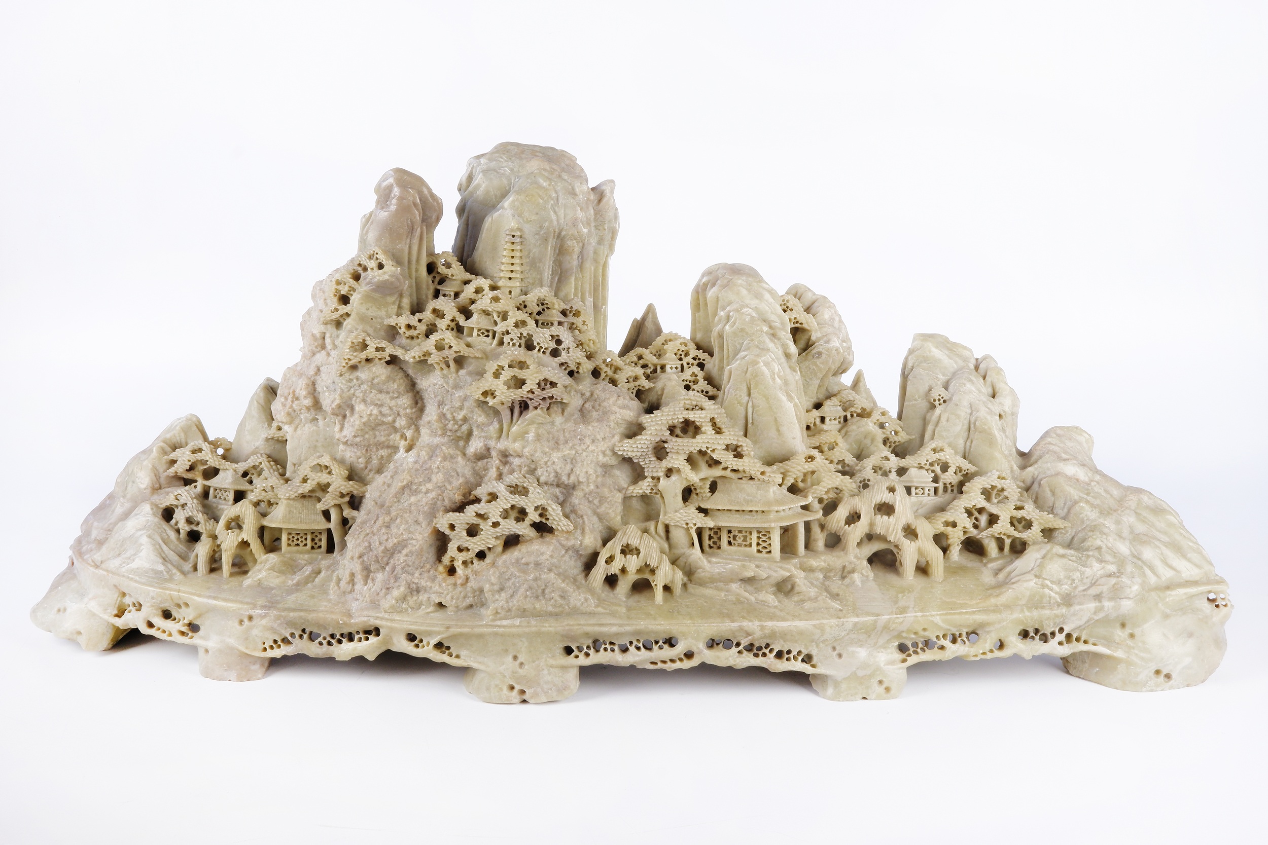 'Massive Chinese Carved Soapstone Mountain, 20th Century, Length 72cm'