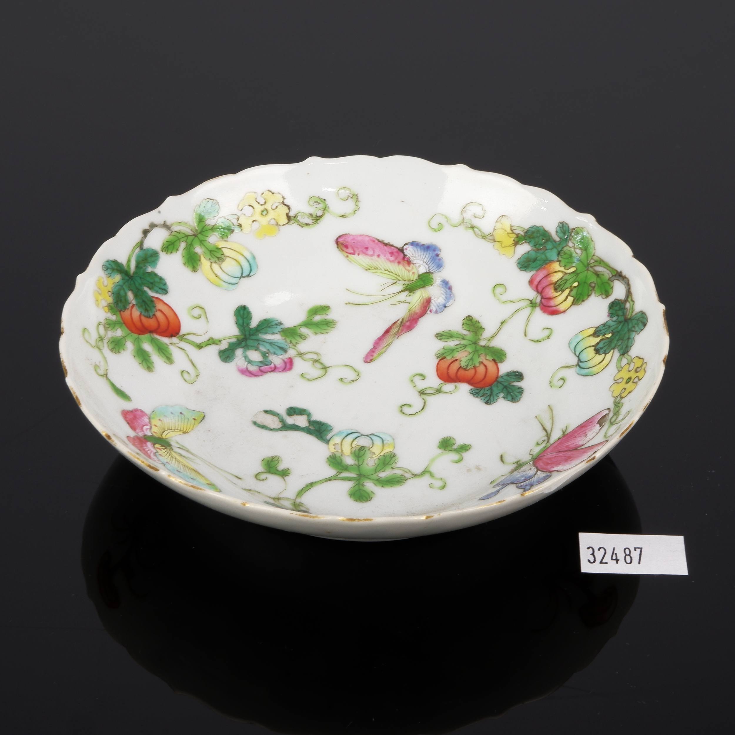 'Chinese Famille Rose Butterfly and Melon Petal Lobed Dish, Jiaqing Sealmark, 19th Century'