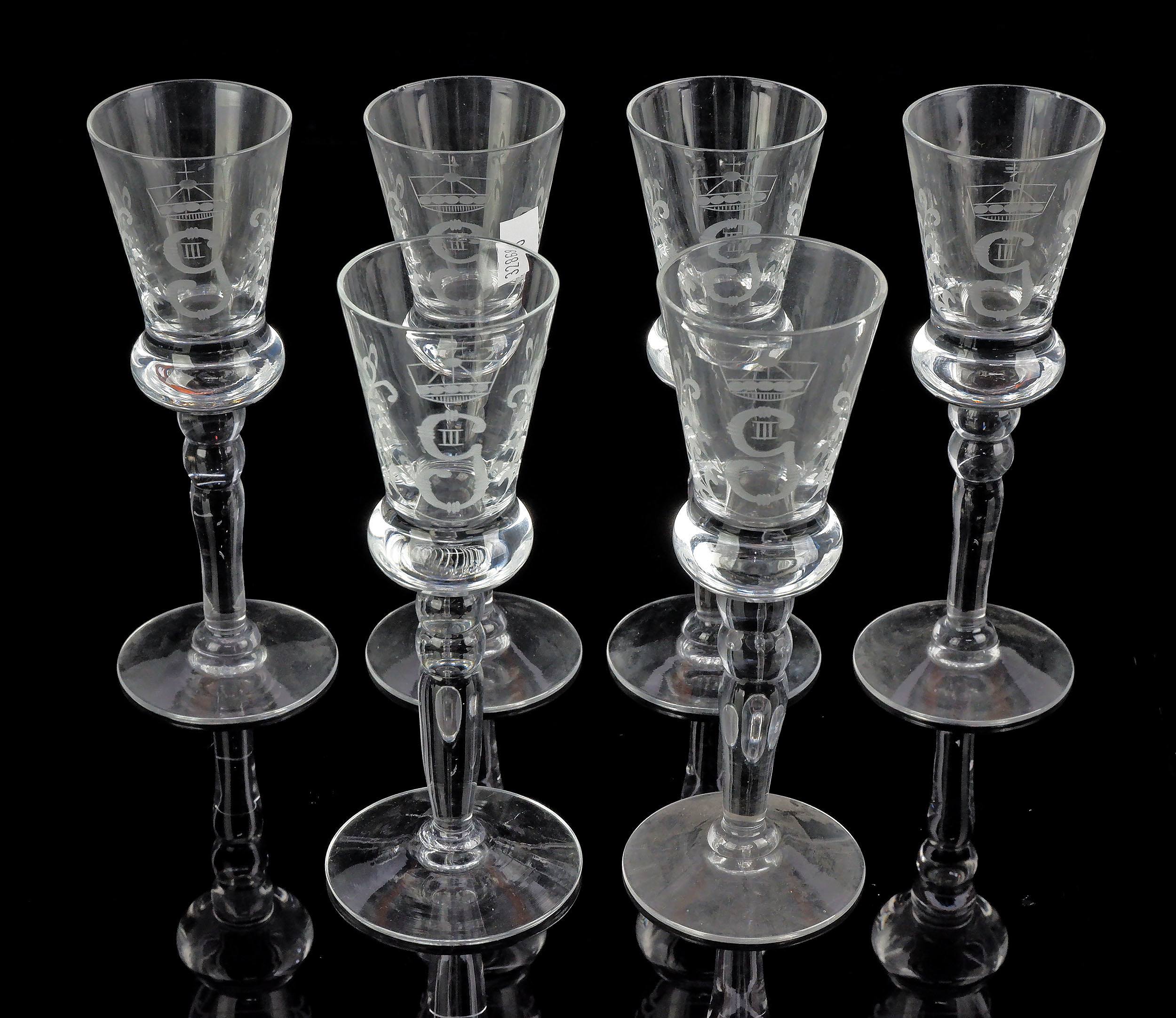 'Six Swedish Engraved Glass Schnapps Glasses with Engraved Crest of King Gustav'