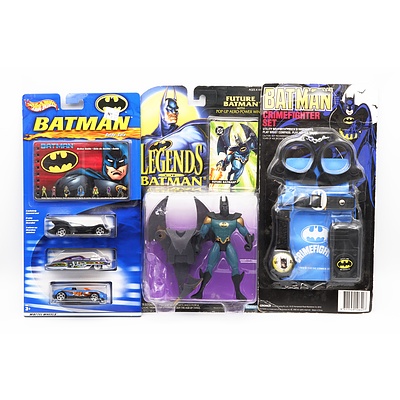Three Carded Batman items, including "Legends of Batman" Figure, "Crimefighter Set" and Mattel "Batman Guide" with 3 Cars
