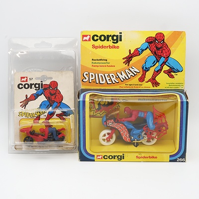 Two Corgi Spiderman Sets, "Spiderbike" Vehicle Set 266 and Set 57