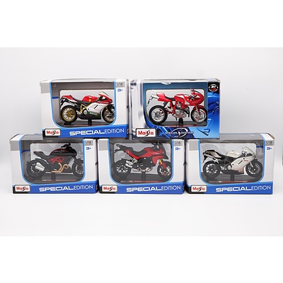 Five Maisto 1/18th Scale 'Special Edition' Ducati Motorbikes