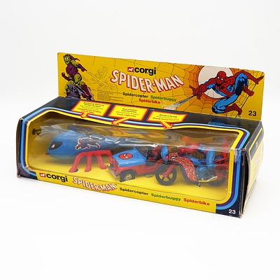 Corgi Spiderman Spidercopter, Spider Buggy, Spider Bike Set
