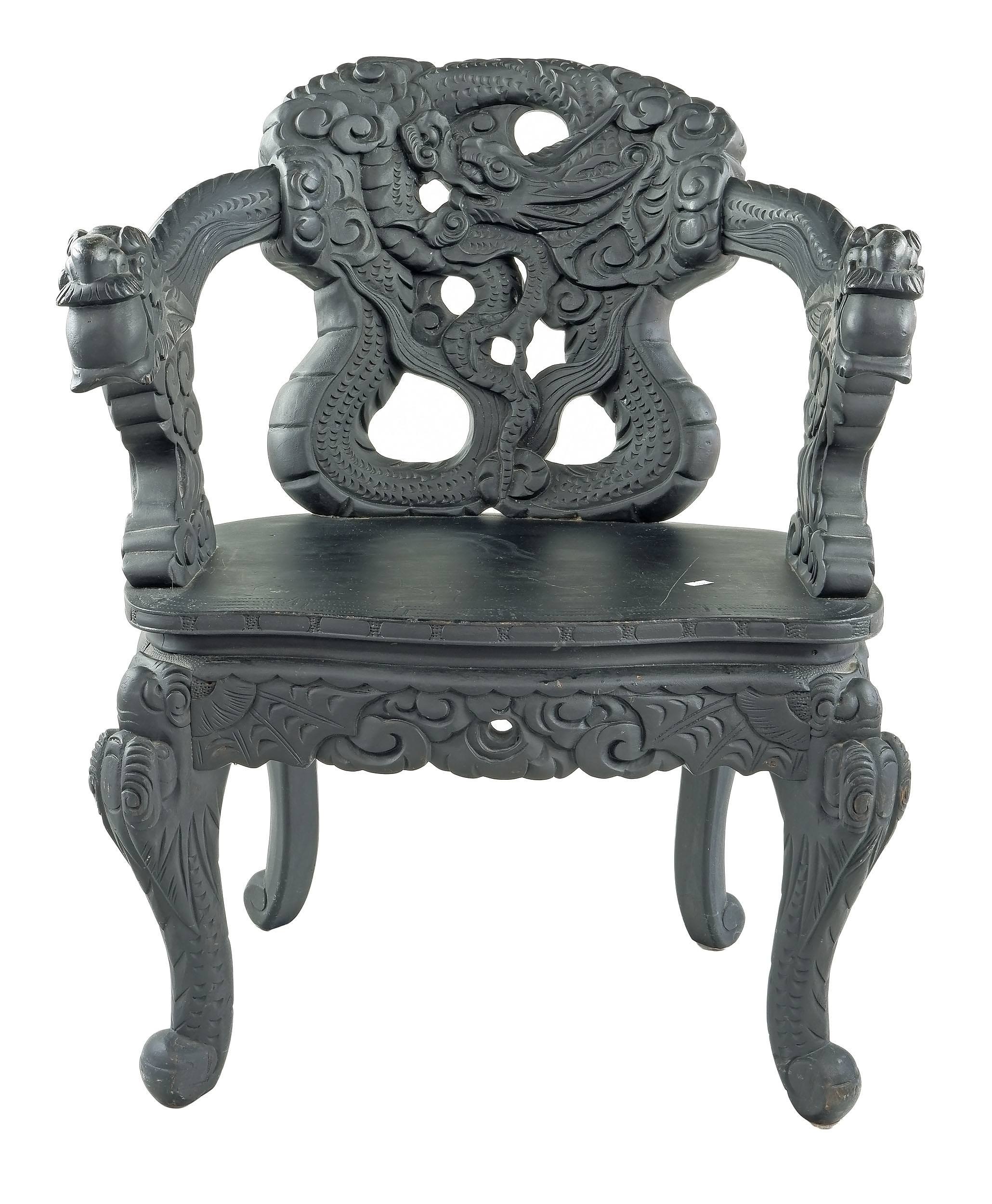 'Japanese Export Carved and Ebonized Dragon Armchair Circa 1900'