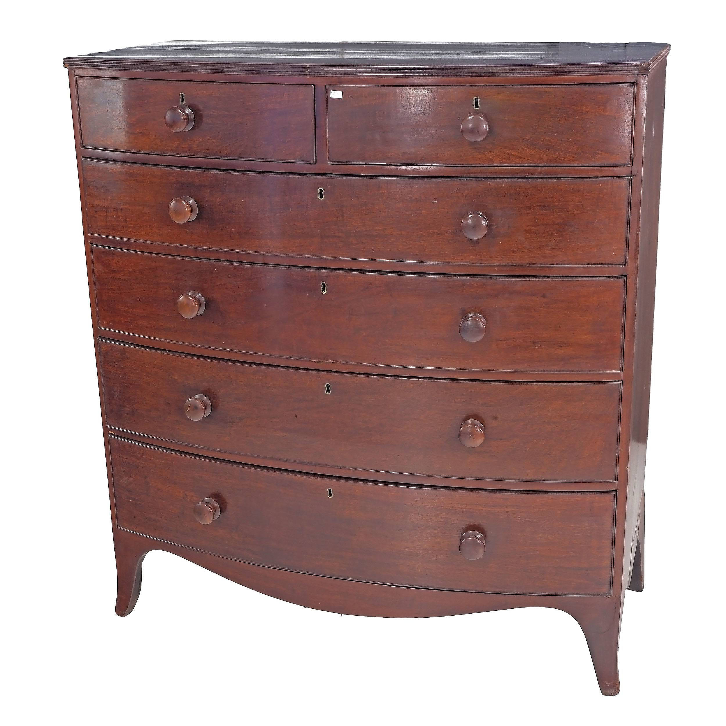 'Regency Mahogany Bowfront Chest of Drawers with Reeded Top on Swept Bracket Feet, Early 19th Century'