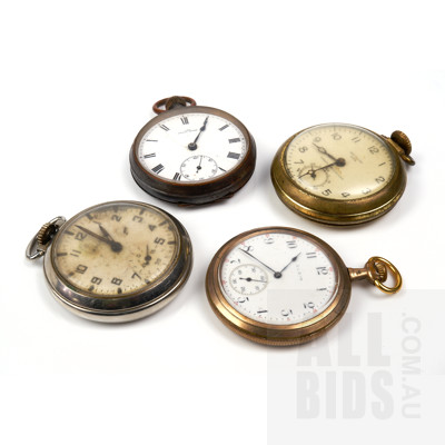 Four Vintage Open Faced Pocket Watches, Including Elgin, Westclox, Uni and Kelton