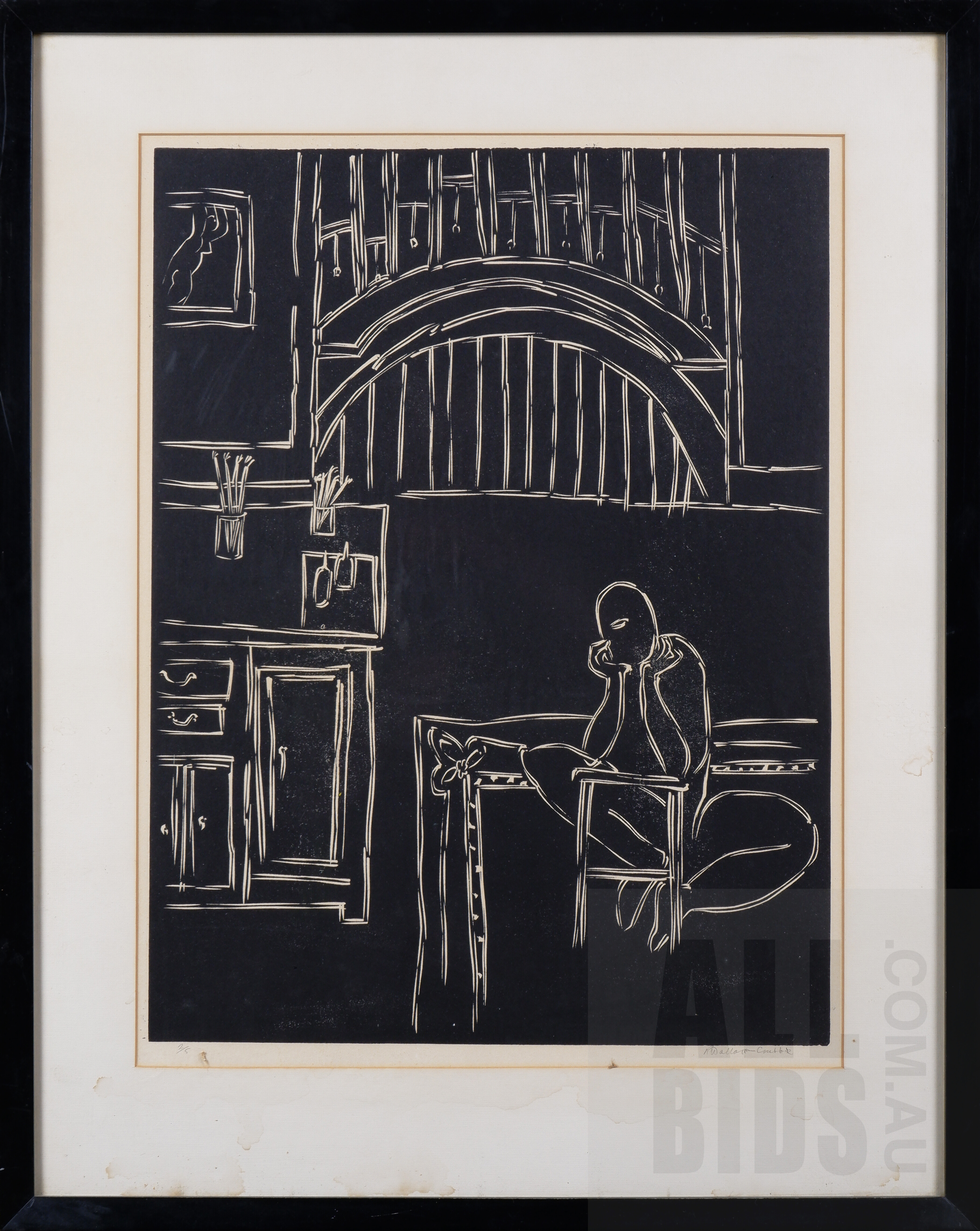 'Robin Wallace-Crabbe (born 1938), Untitled (Seated Figure in Studio), Linocut, 50 x 38 cm (image size)'