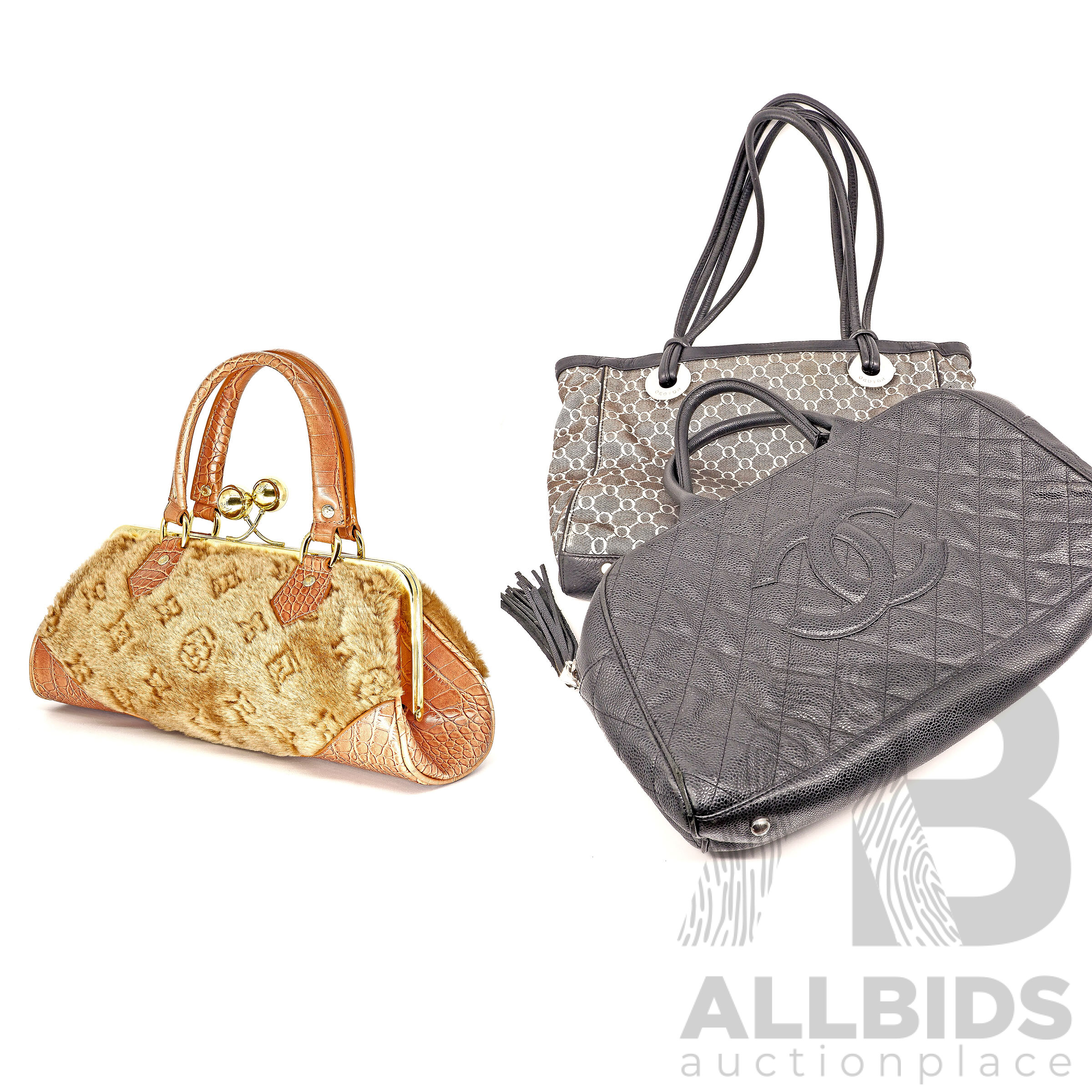 Various Ladies Bags Including Genuine Oroton, Faux Fur Bag, and Leather  Handbag Marked Chanel (3)