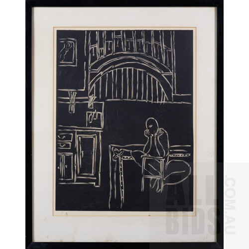 Robin Wallace-Crabbe (born 1938), Untitled (Seated Figure in Studio), Linocut, 50 x 38 cm (image size)