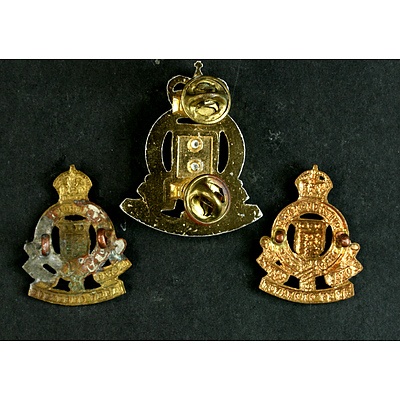 Royal Australian Ordnance Corps Hat badge and 2 British Ordnance Collar Badges