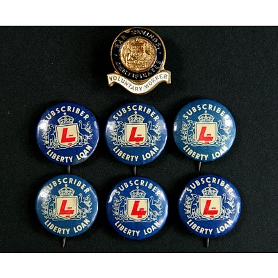 WW2 War Savings Certificates Voluntary Works Badge & 6 Liberty Loan Tinnies