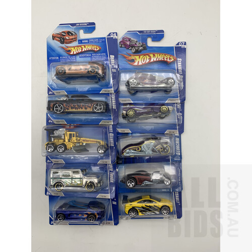 Assorted Hotwheels From 2006 And 2008 - Lot of 10 In Original Blister Packs - Approx 1:64 Scale Diecast Models