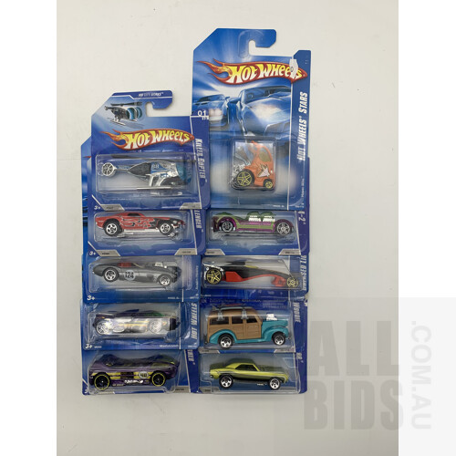 Assorted Hotwheels From 2006 to 2010 - Lot of 10 In Original Blister Packs - Approx 1:64 Scale Diecast Models