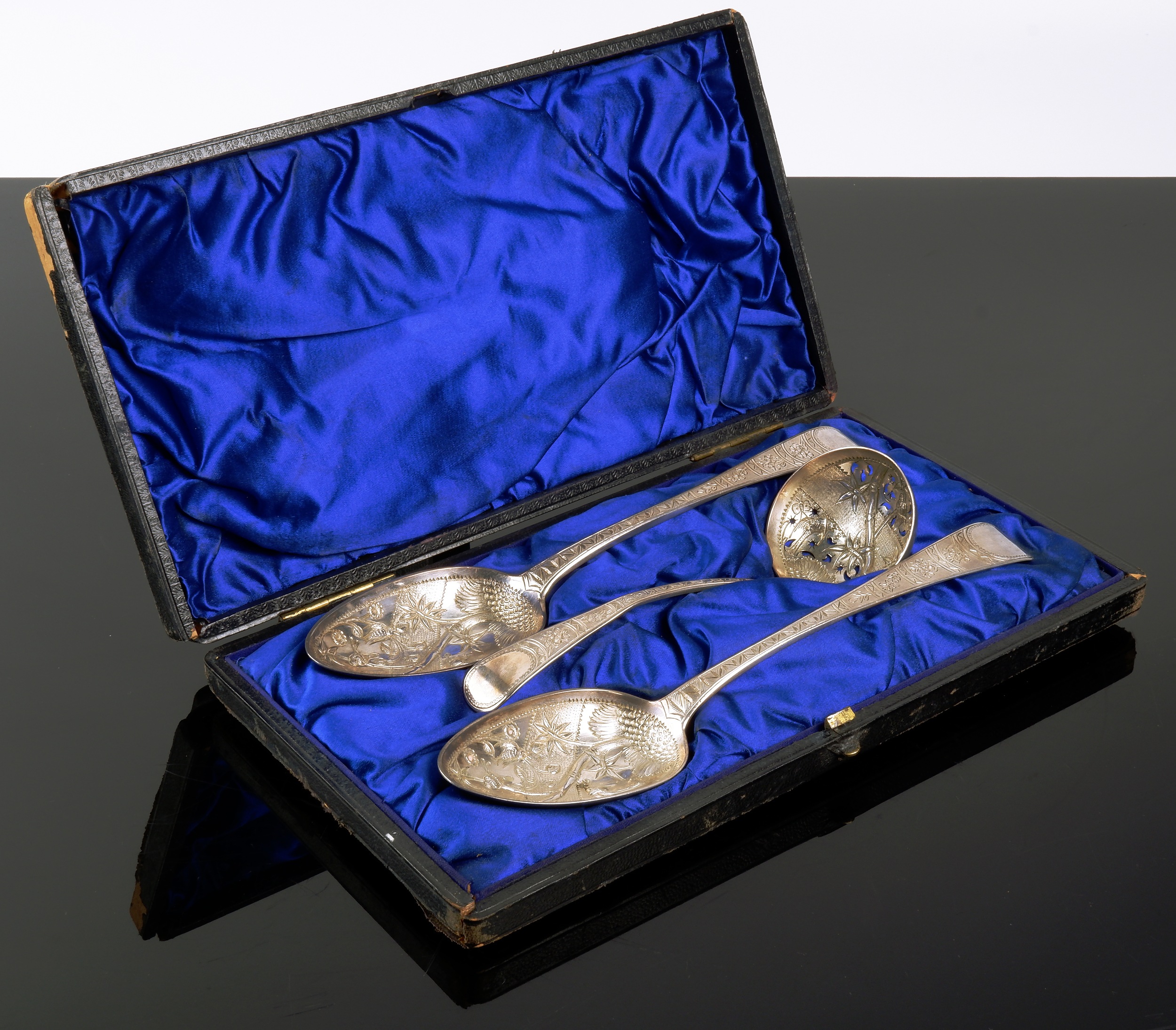 'Boxed Near Pair of Georgian Sterling Silver Berry Spoons and Victorian Sterling Sugar Sifter, 153g'