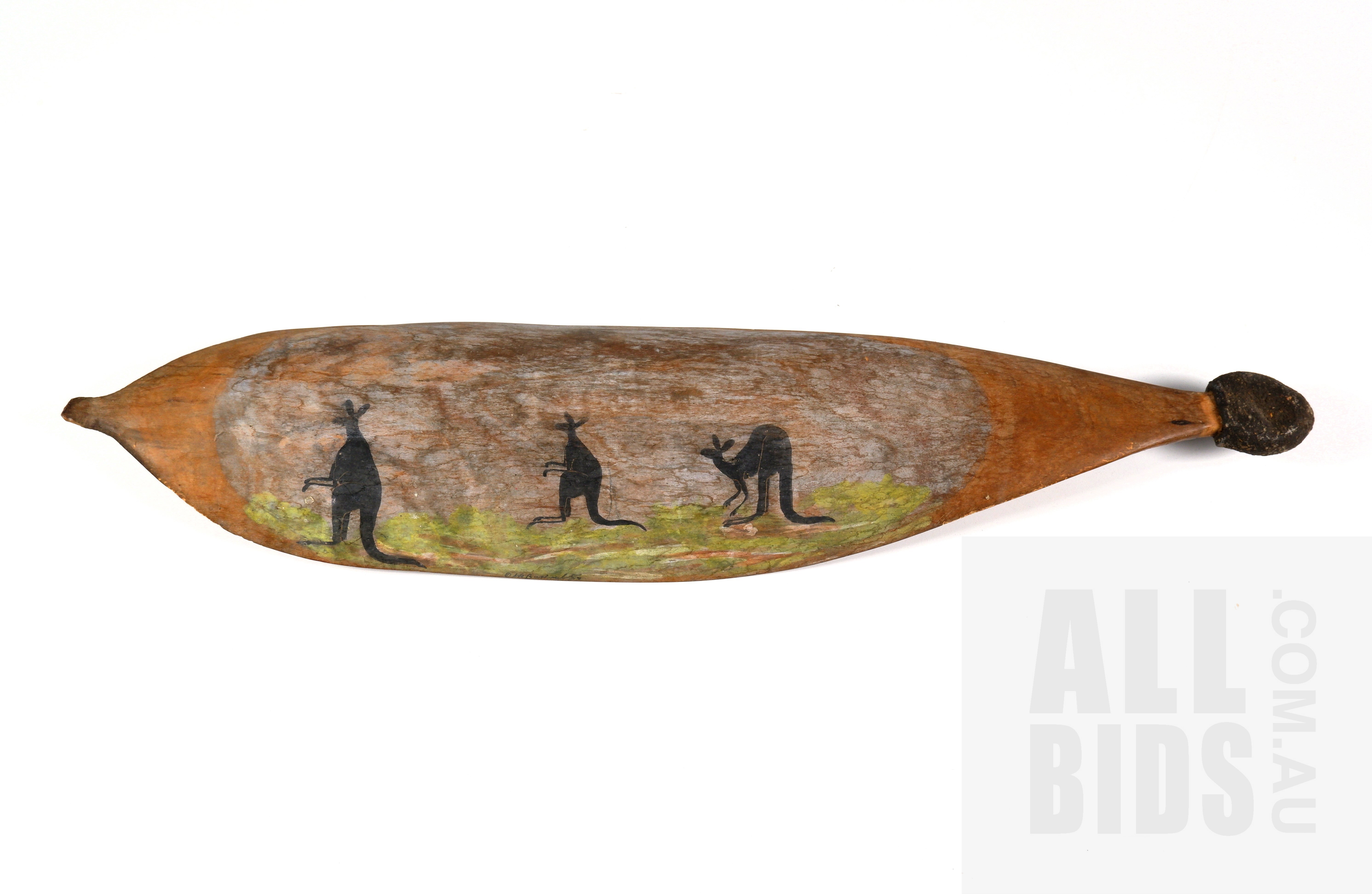 'Otto Pareroultja (Western Arrarnta People 1914-1993) Three Kangaroos, Watercolour and Ink on Mulga Wood Woomera'