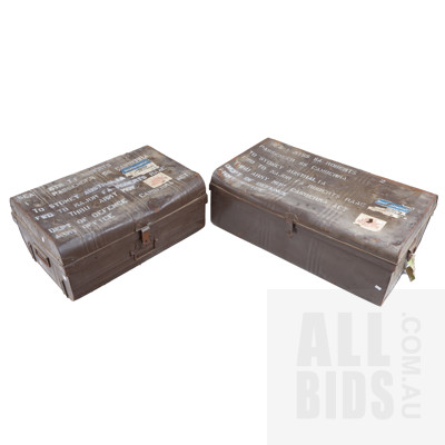 Two Vintage Metal Military Travel Trunks
