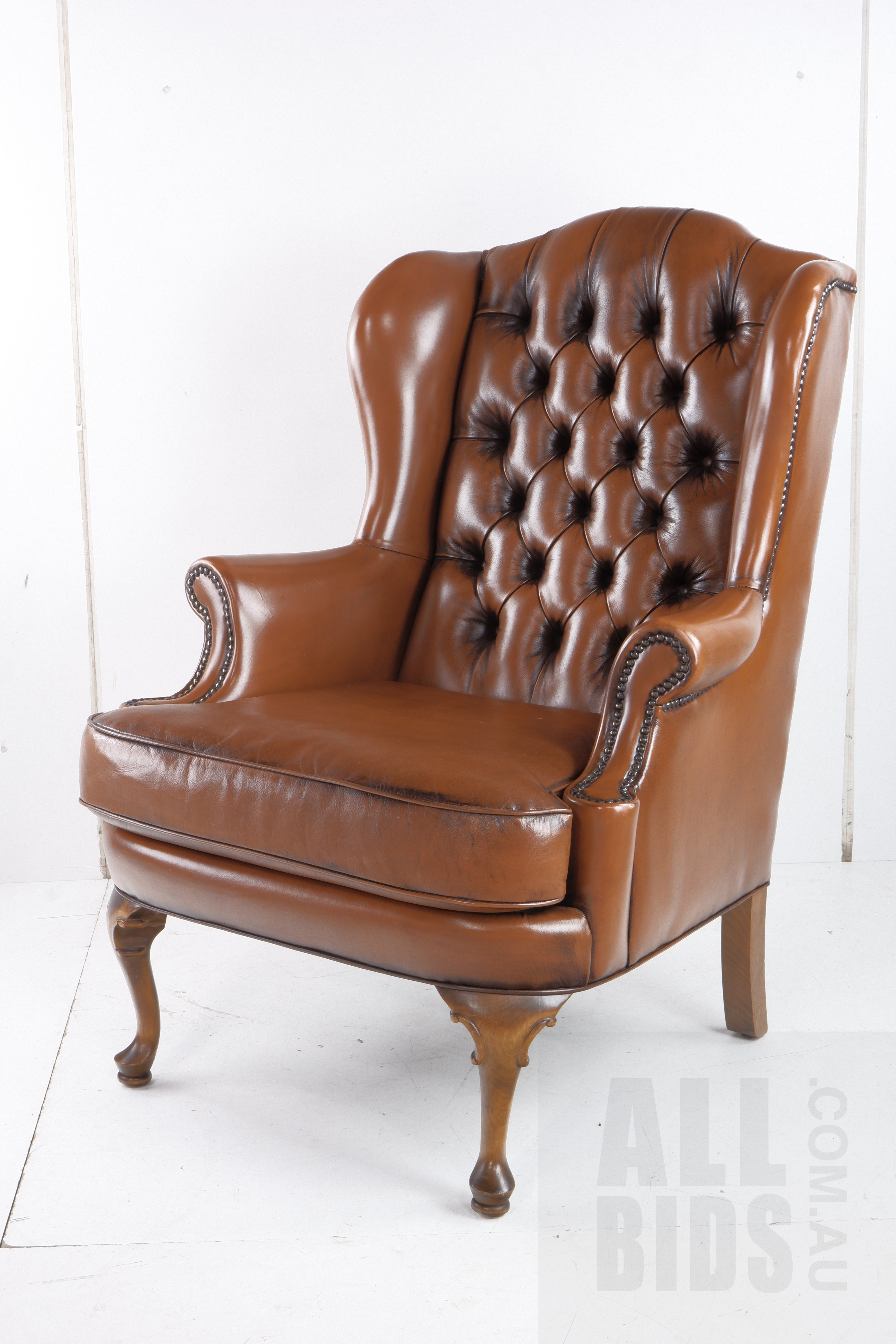 'Moran Tan Leather Deep Buttoned Chesterfield Wingback Armchair'