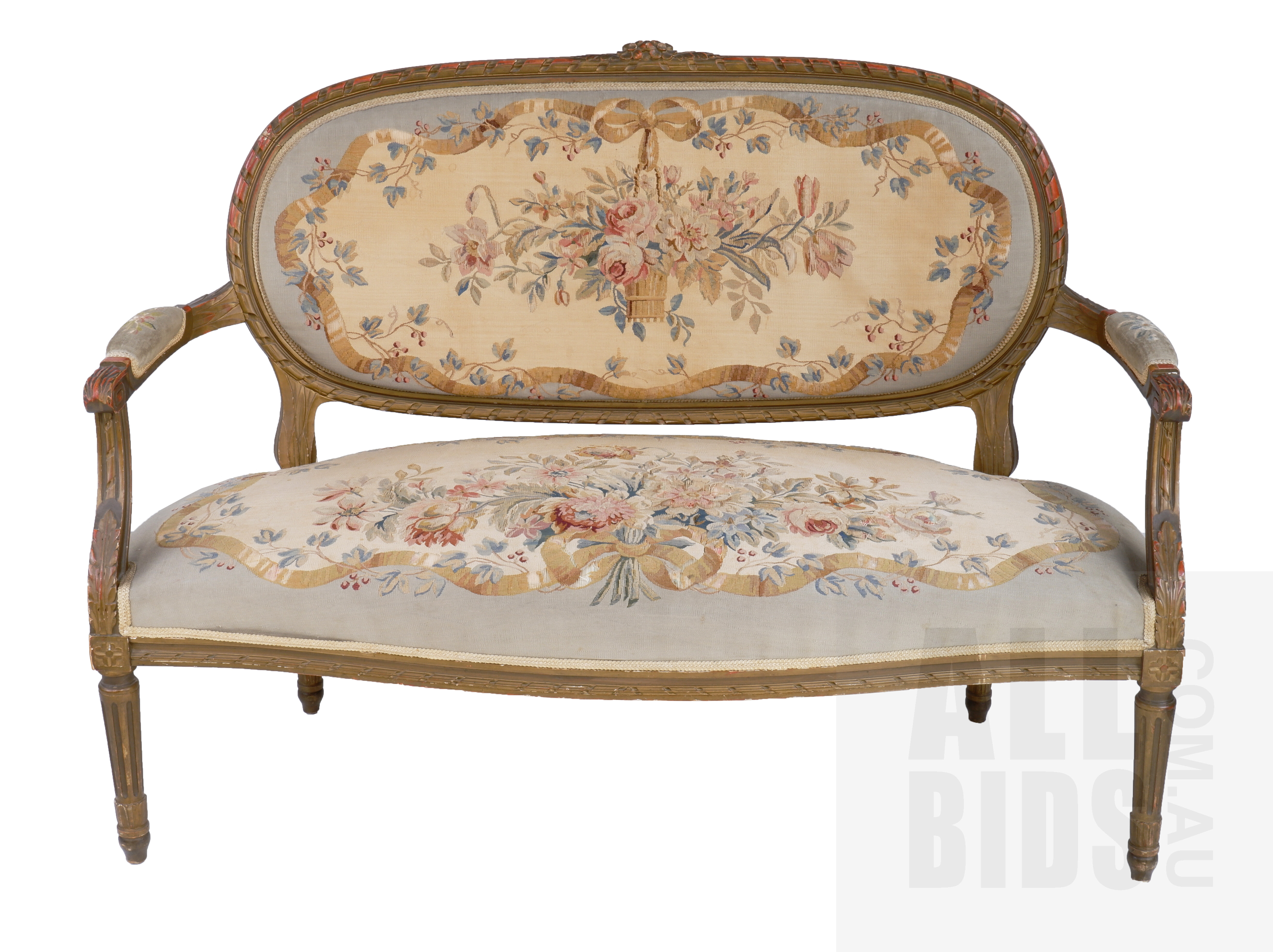 'Antique French Carved Giltwood Louis XV Style Settee with Original Tapestry Upholstery, Late 19th Century'