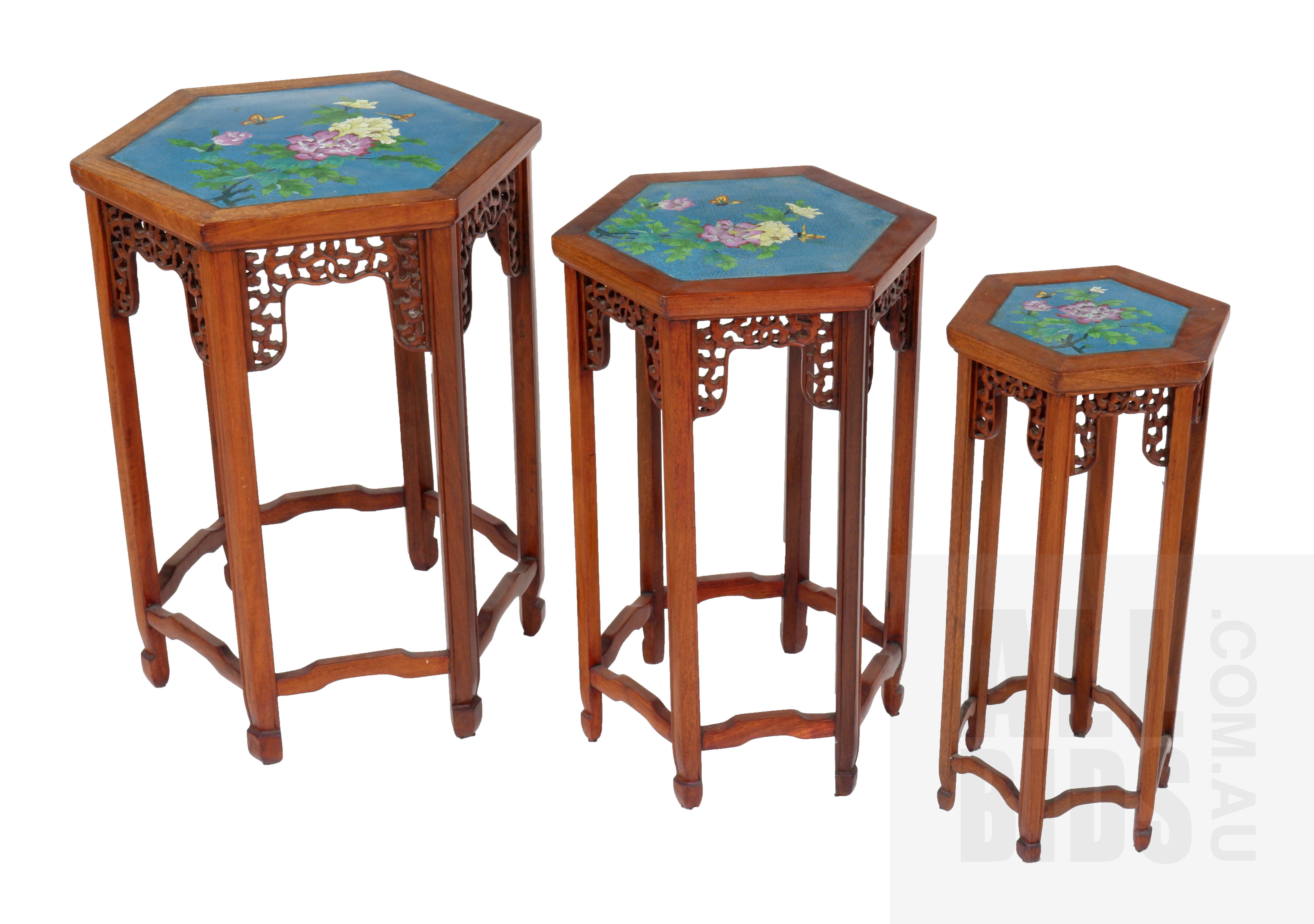 'Set of Three Chinese Carved Rosewood Nesting Tables with Cloisonne Enamel Tops, Early 20th Century'