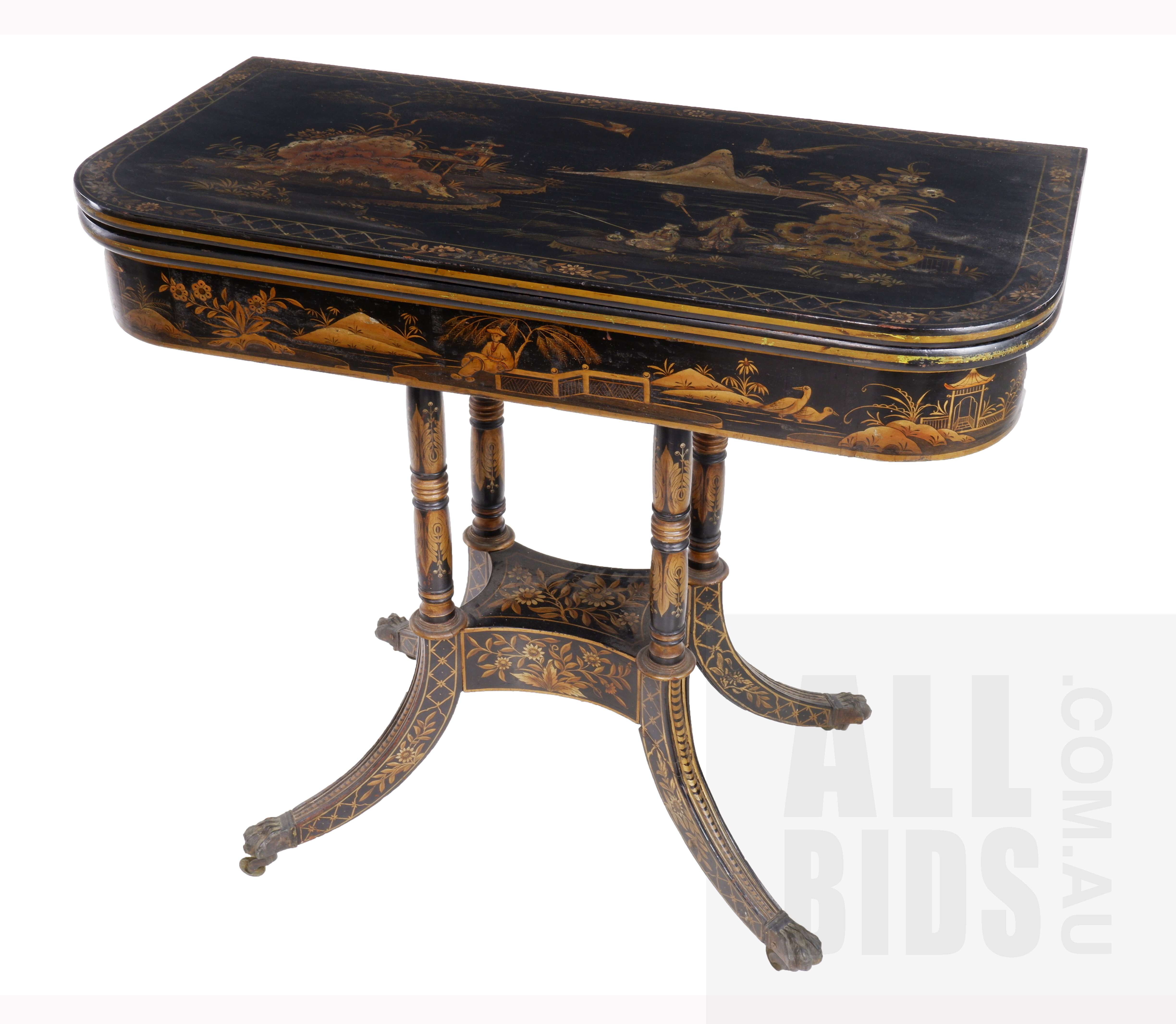'Late Georgian Chinoiserie Black and Gilt Lacquered Fold-over Games Table the Sabre Legs Terminating with Brass Paw Sabots and Castors, 19th Century'