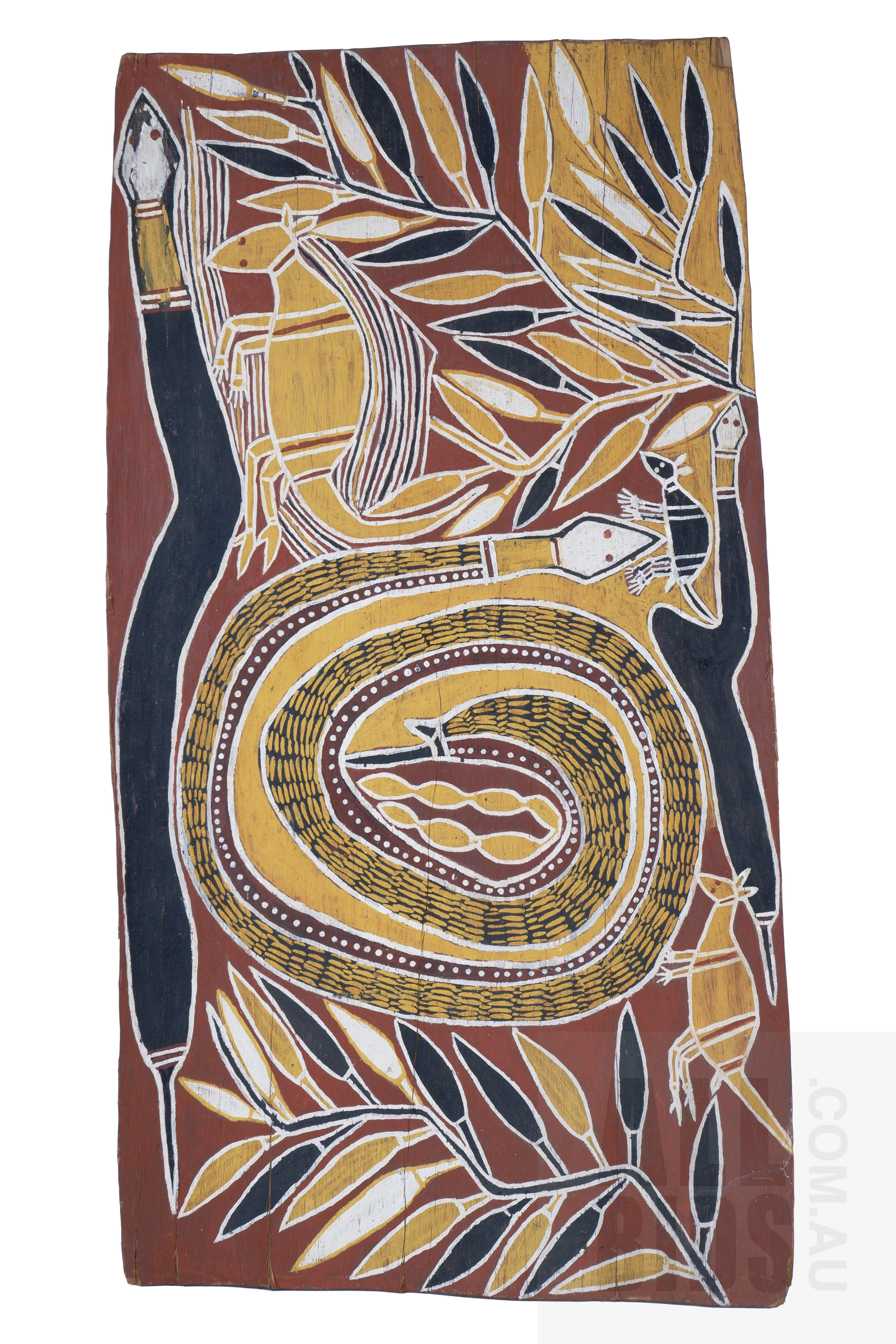'Attributed to Bunumbirr Bininyuwuy (1928-1982), Natural Earth Pigments on Eucalyptus Bark, 106 x 55 cm'