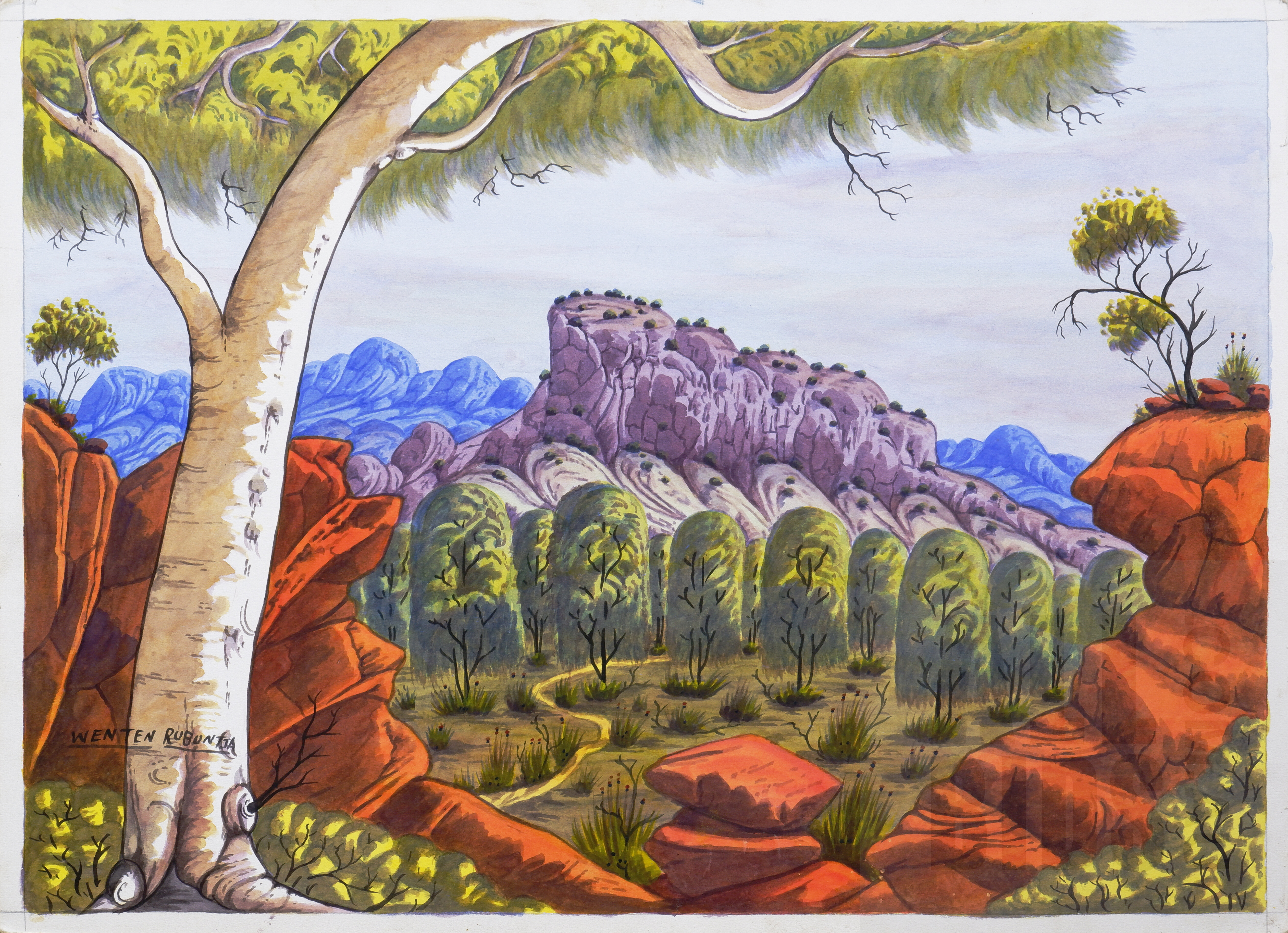 'Wenten Rubuntja (Arrernte, 1926-2005) Haasts Bluff and Ghost Gum, Watercolour, 51 x 71cm'