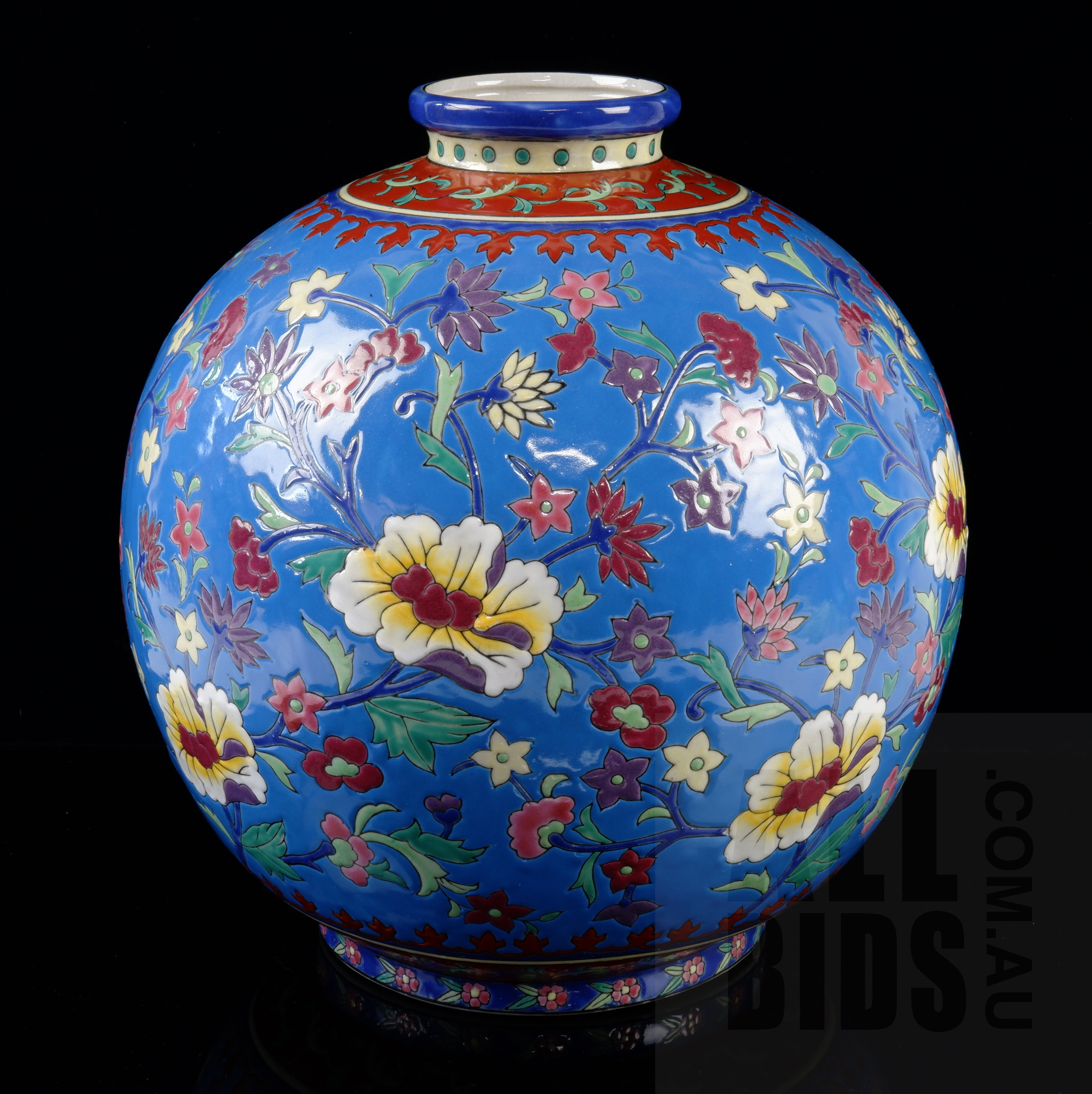 'Belgian Art Deco Emaux de Louviere Relief Enamelled Porcelain Vase'