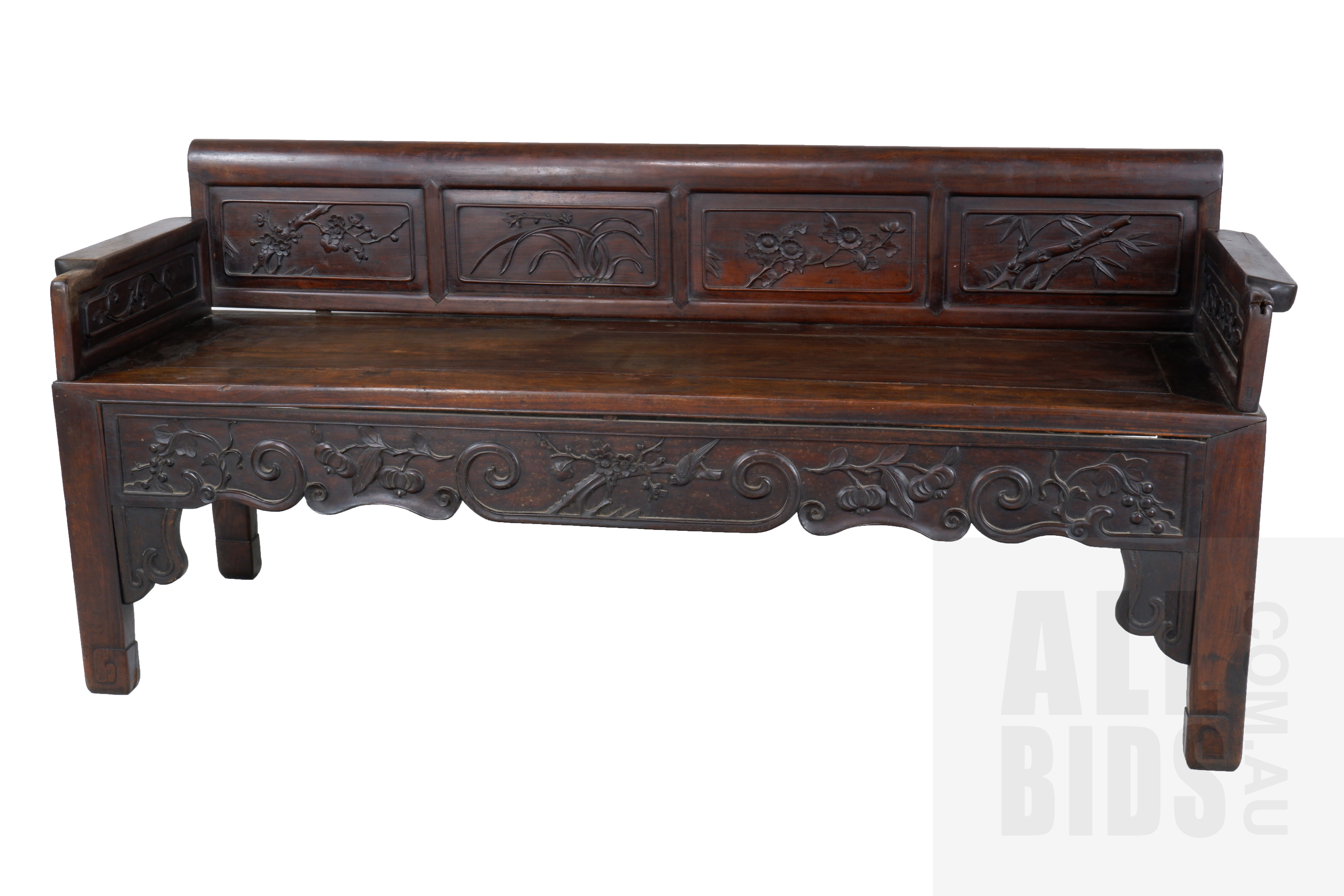 'Antique Chinese Finely Carved Hongmu Rosewood Bench, Late Qing Dynasty'